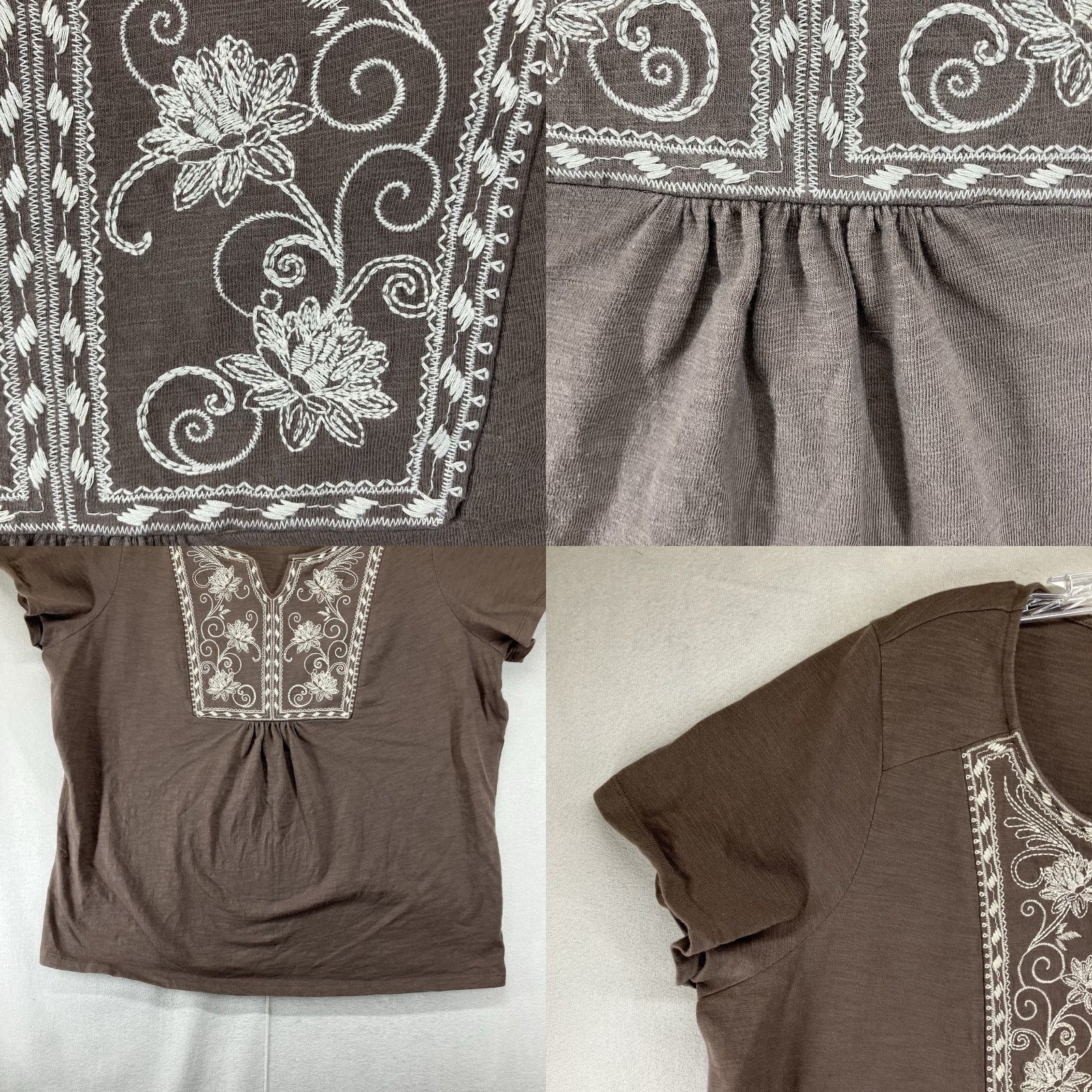 Vintage St. John's Bay Women's T-Shirt 1X Brown Embroidered Daisy Knit Top 100% Cotton Short Sleeve Pullover All Seasons Womens Size XL / US 12-14 / IT 48-50 - 8 Thumbnail