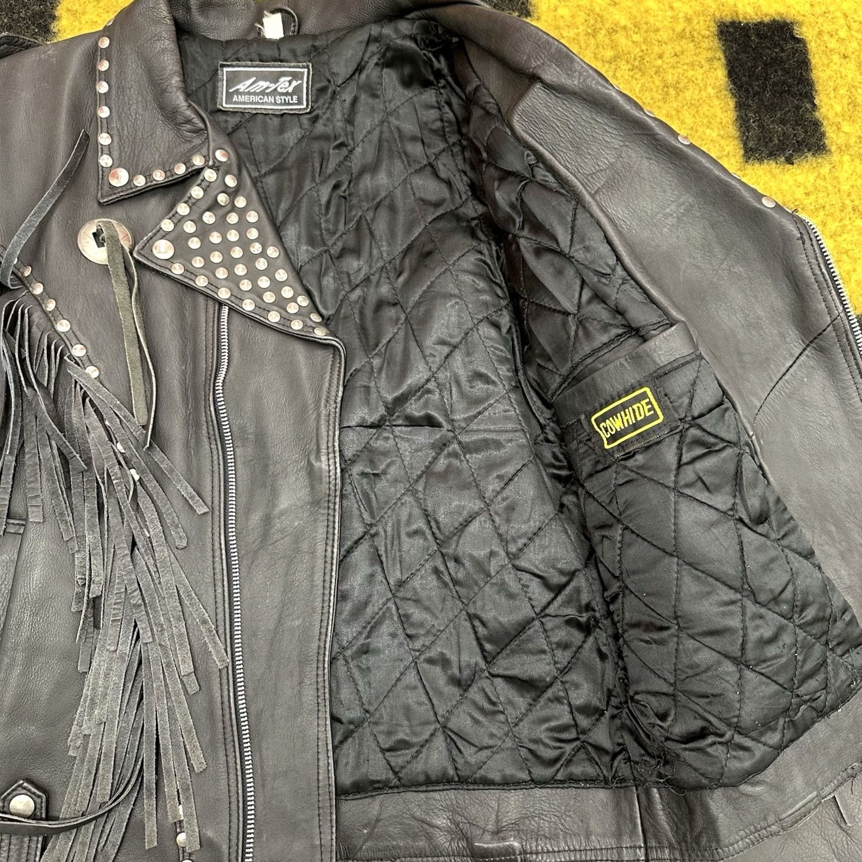 Vintage VINTAGE American Vintage Leather Jacket Biker 80/90s Studded Fringe Black Large Mens Size US L / EU 52-54 / 3 - 6 Thumbnail