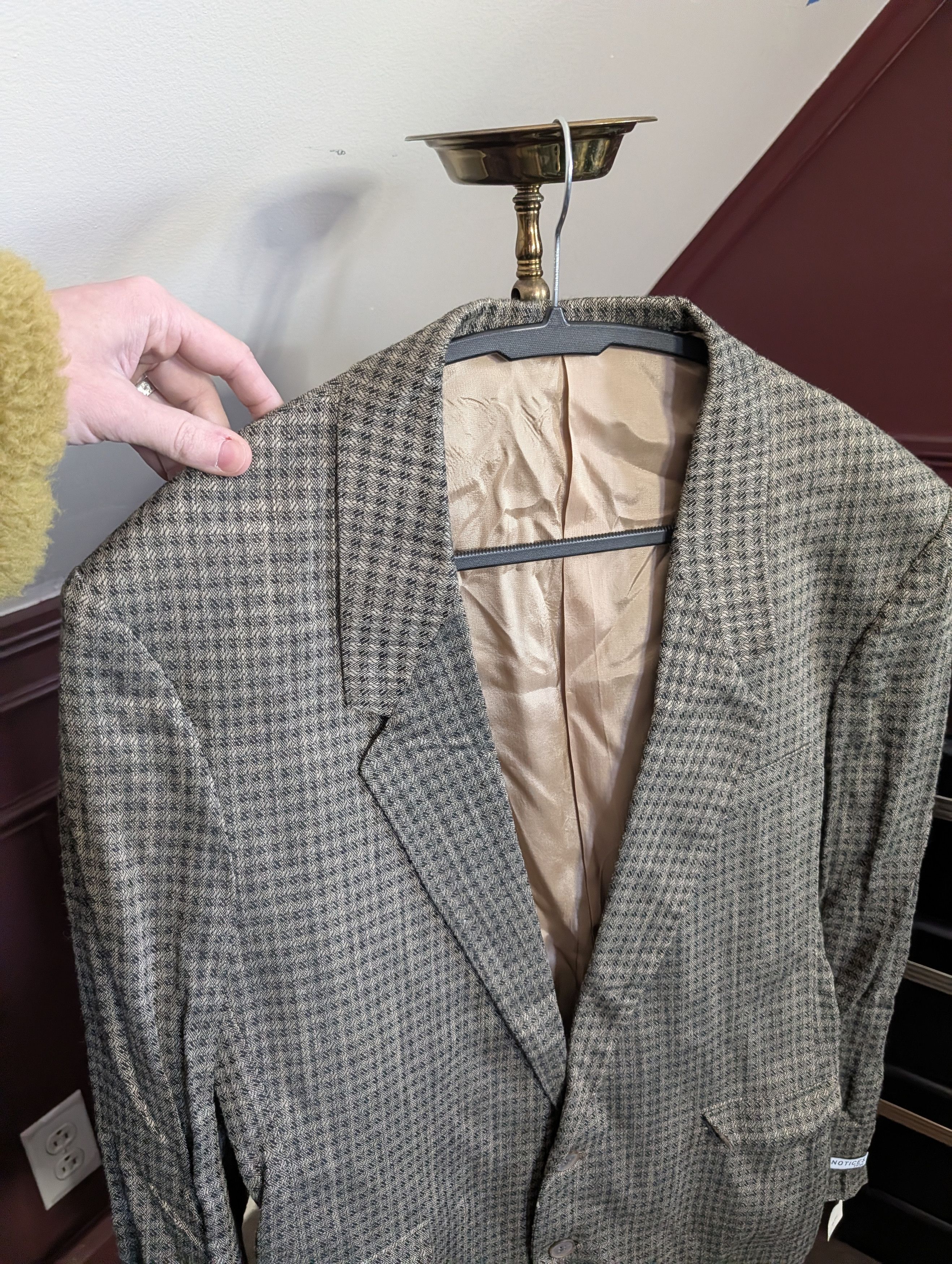 Vintage THE PUBLIC NOTICES Flax Rayon Olive Houndstooth jacket Size 40R - 2 Thumbnail