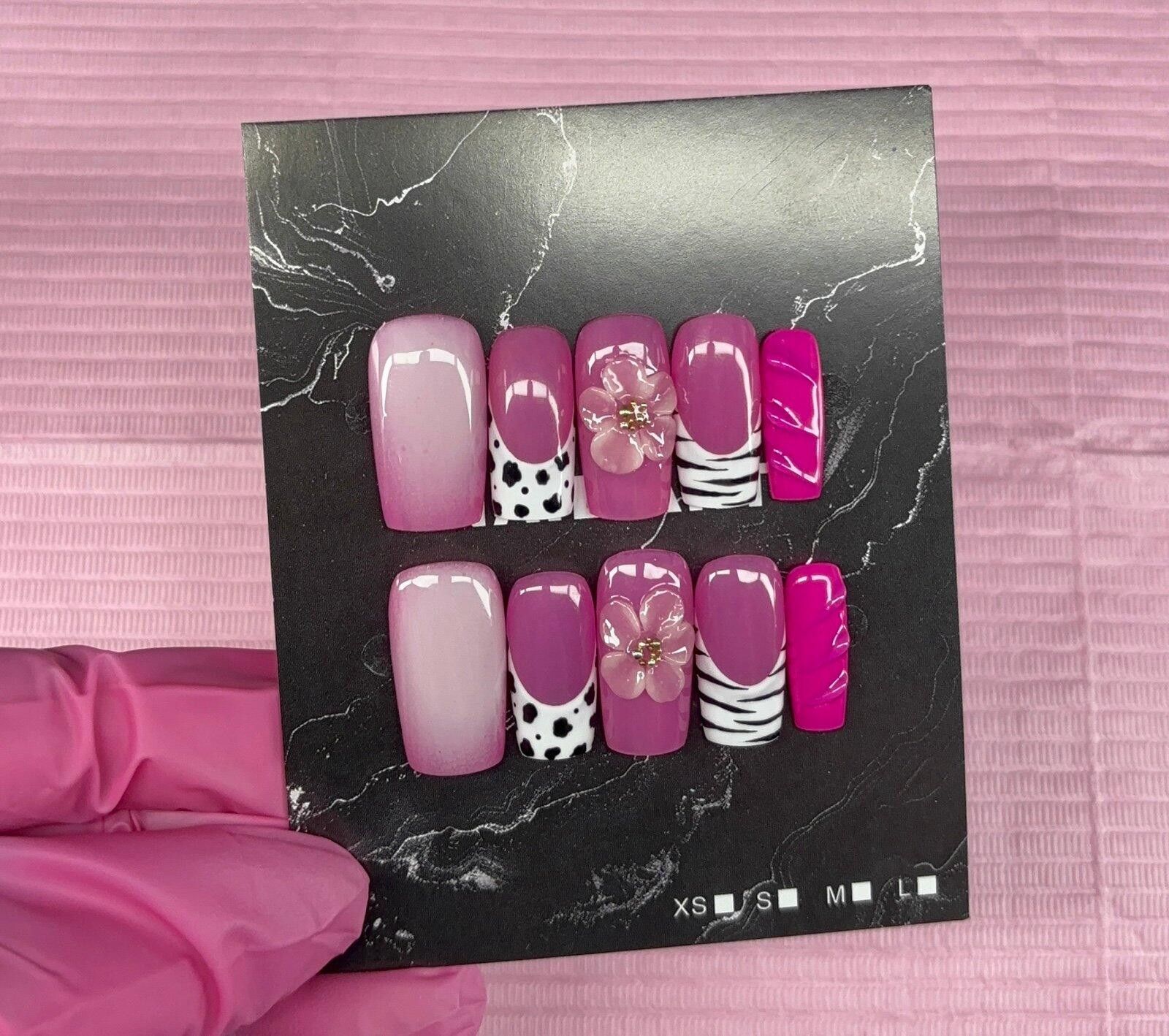 Handmade Medium square press on nails animal print 3d gel flower aura Size ONE SIZE - 3 Thumbnail
