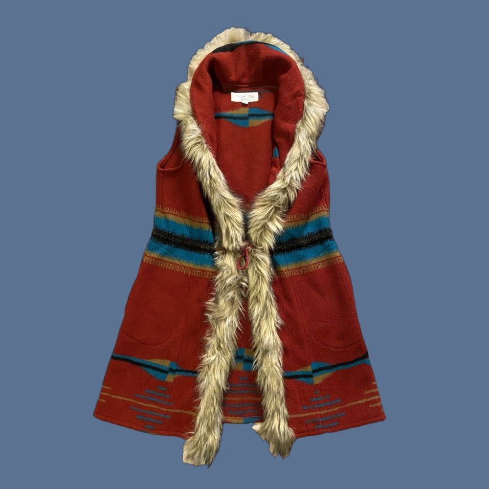 Vintage Tasha Polizzi Sleeveless Jacket Vest Tie Front Southwest Aztec Faux Fur Red S Womens Jacket Size S / US 4 / IT 40 - 1 Thumbnail