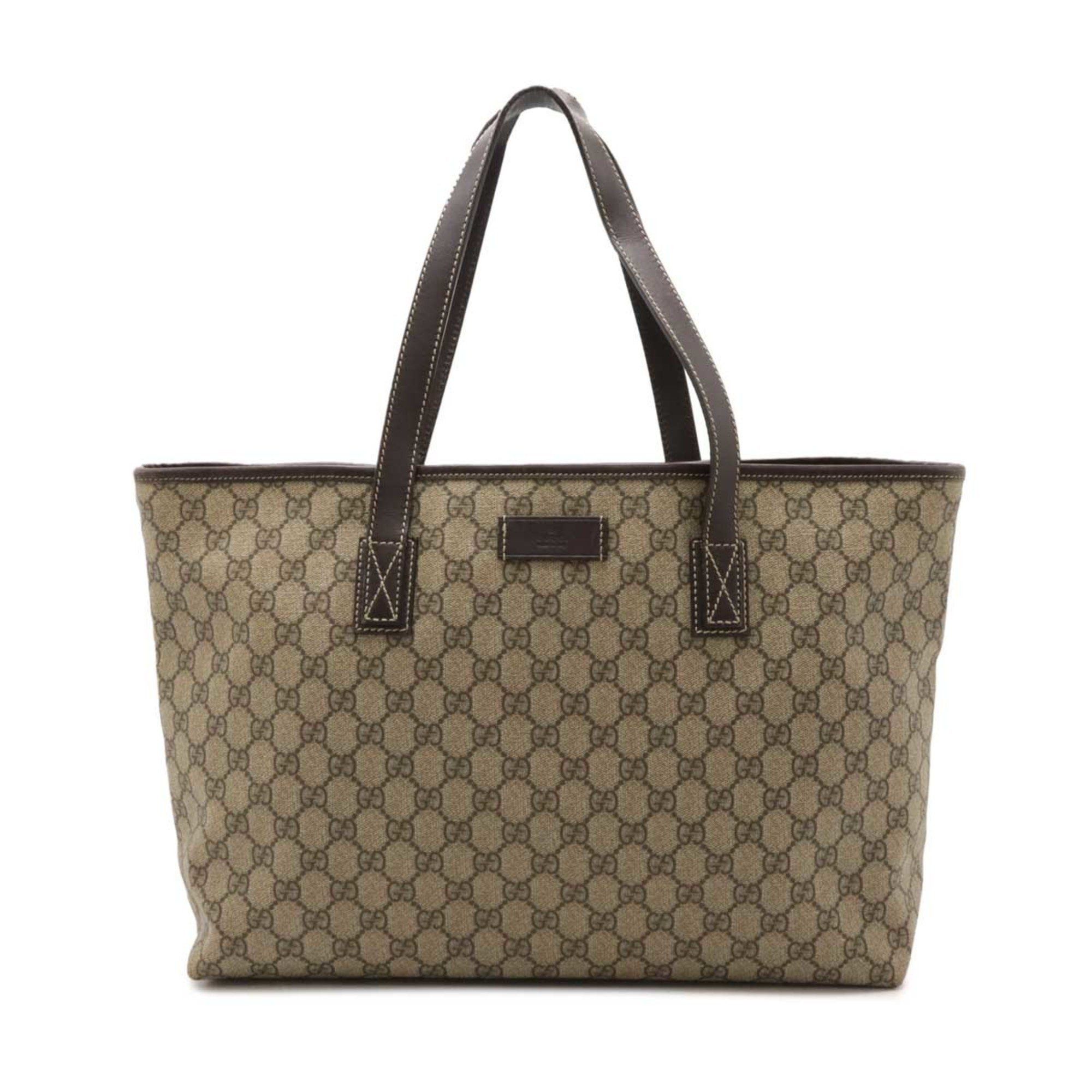 Gucci GG Supreme Plus Tote Bag Shoulder Pvc Leather Khaki Beige Dark Brown 211137, Women's