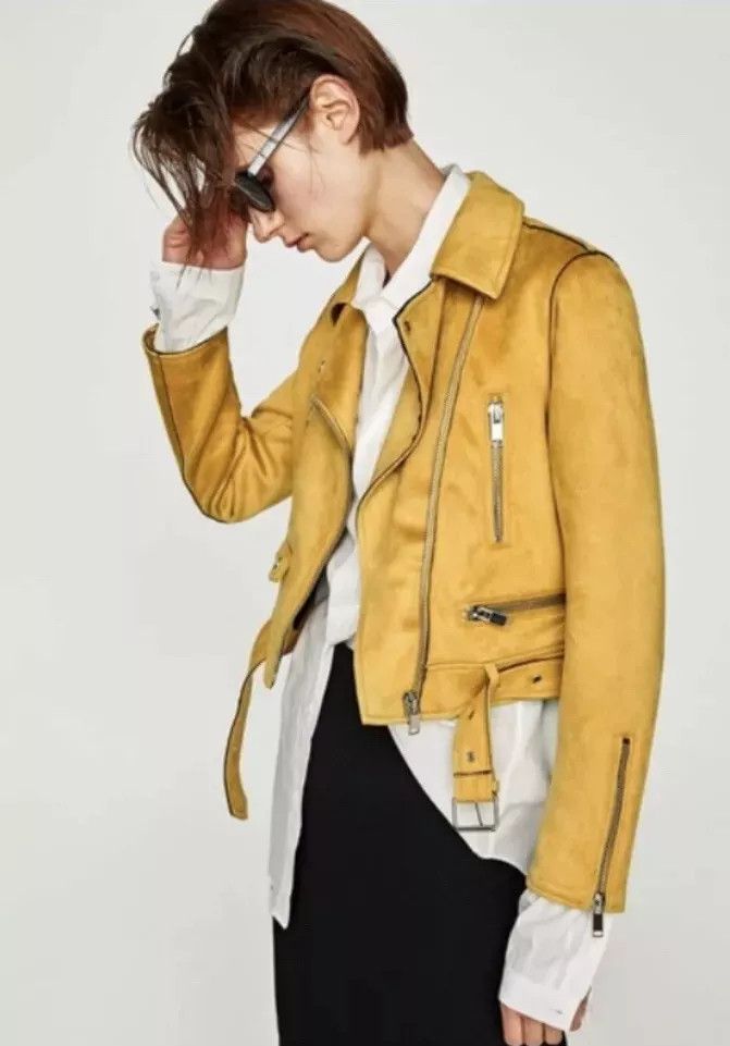 ZARA Ladies Mustard Yellow Faux Suede Biker Jacket