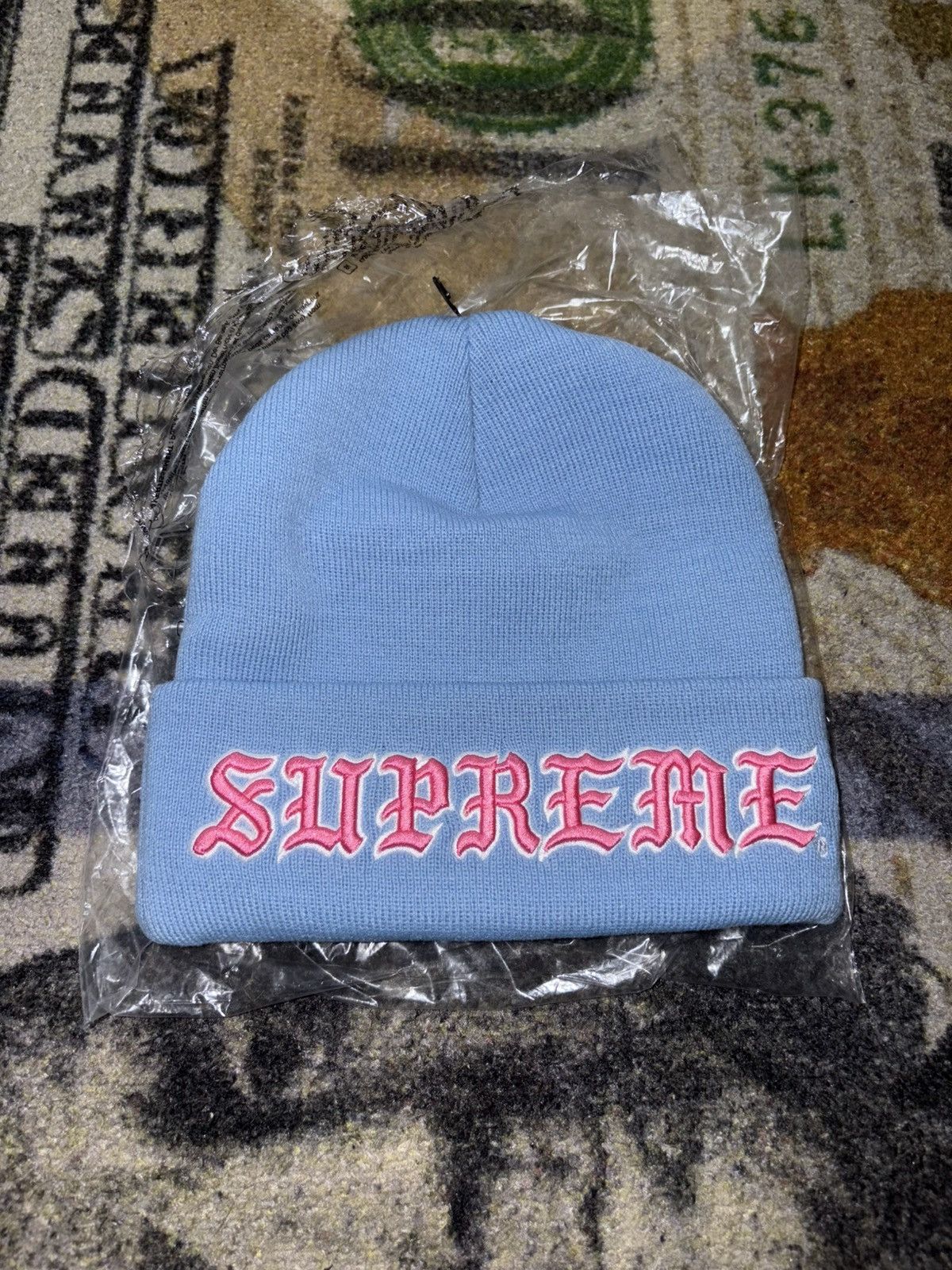 New Era × Supreme Supreme New Era Old English Beanie Blue | Grailed