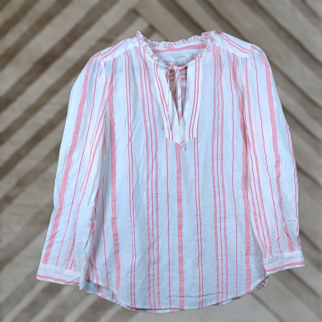 Loft LOFT Shirt Womens White Pink Striped V-Neck Key Hole Long Sleeve 100% Cotton S Size S / US 4 / IT 40 - 1 Thumbnail