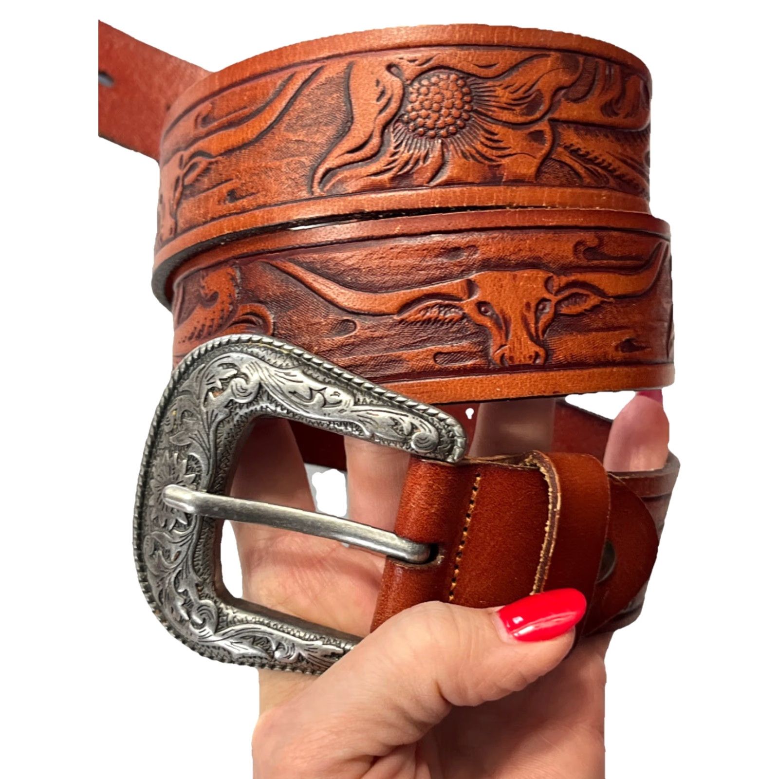 Vintage VINTAGE Western 3D Embossed LEATHER BELT 35-40” Silver Buckle Unisex Adults Brown 1.5” Leather Belt Buckle Western 50/120 Genuine Leather Handmade Size ONE SIZE - 2 Thumbnail