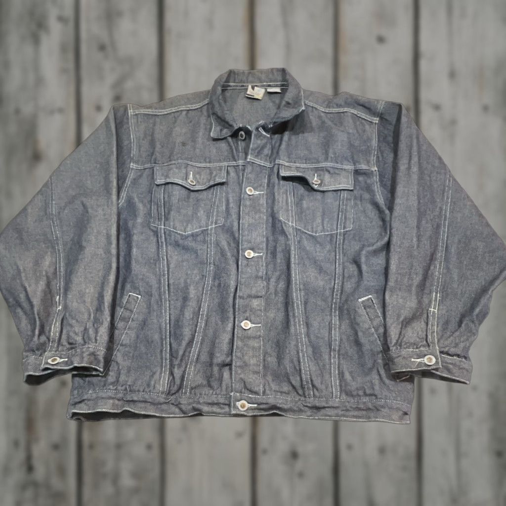 Vintage Factor International Denim Jean Jacket Men’s 2XL Button Up Cotton Mid Length Blue Denim 90s Classic Motorcycle Pockets Mens Regular Jacket Size US 39 - 1 Thumbnail