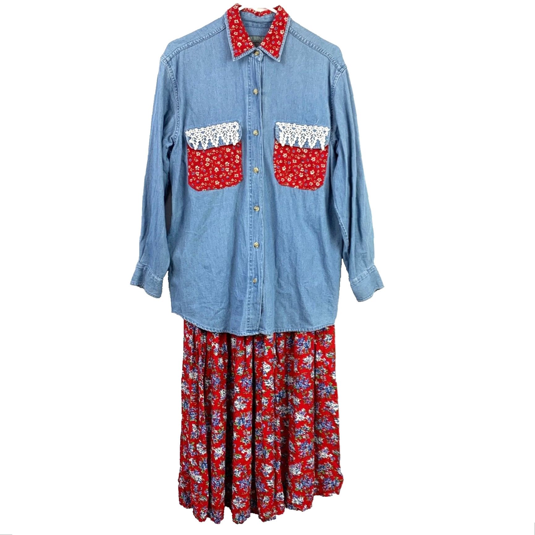 Denime VINTAGE Upper Westside Outfit/Set Shirt Skirt Floral Denim Red Long Sleeve Collared Button 100% Cotton Womens M Size M / US 6-8 / IT 42-44 - 2 Thumbnail