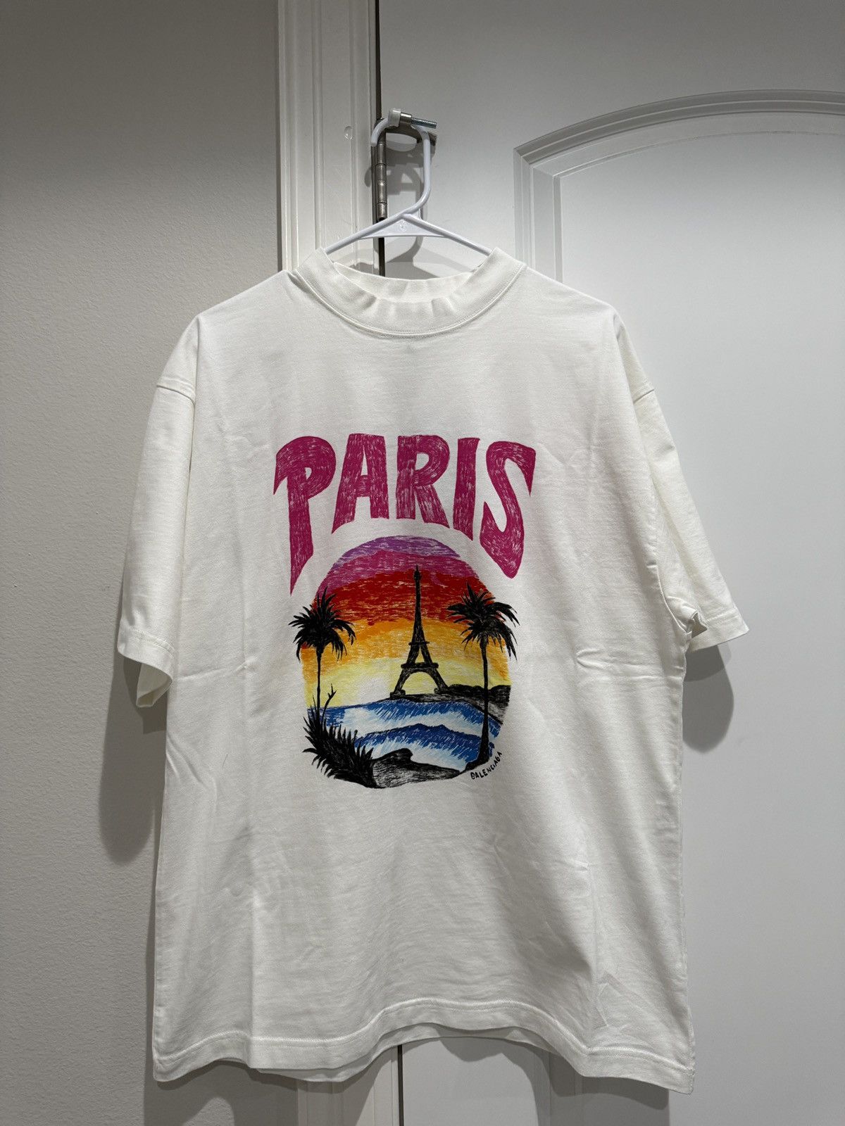 特大セール【BALENCIAGA】PARIS トロピカル T シャツ Paris Tropical cotton jersey T-shirt in white - Balenciaga