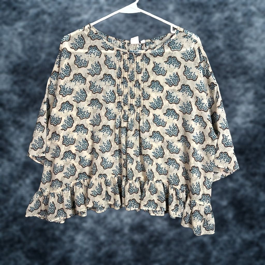 Anna Sui Anna Sui Blouse Womens Small Floral Patterned Pullover Round Neck Be​ige Blue Ruffle Hem Casual Summer Spring Fall Polyester Cotton Size S / US 4 / IT 40 - 1 Thumbnail