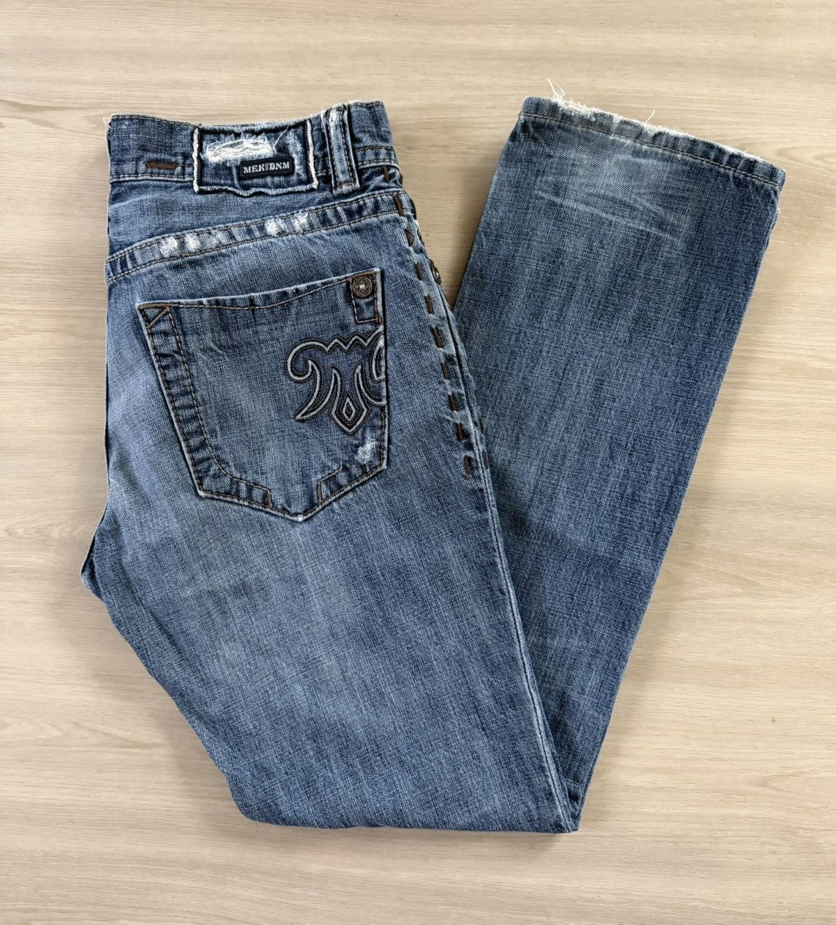 Mek Denim Vtg Y2K MEK Denim Durham Distressed Boot Cut Sz 32x32 *33x30 Size 32" / US 10 / IT 46 - 1 Thumbnail