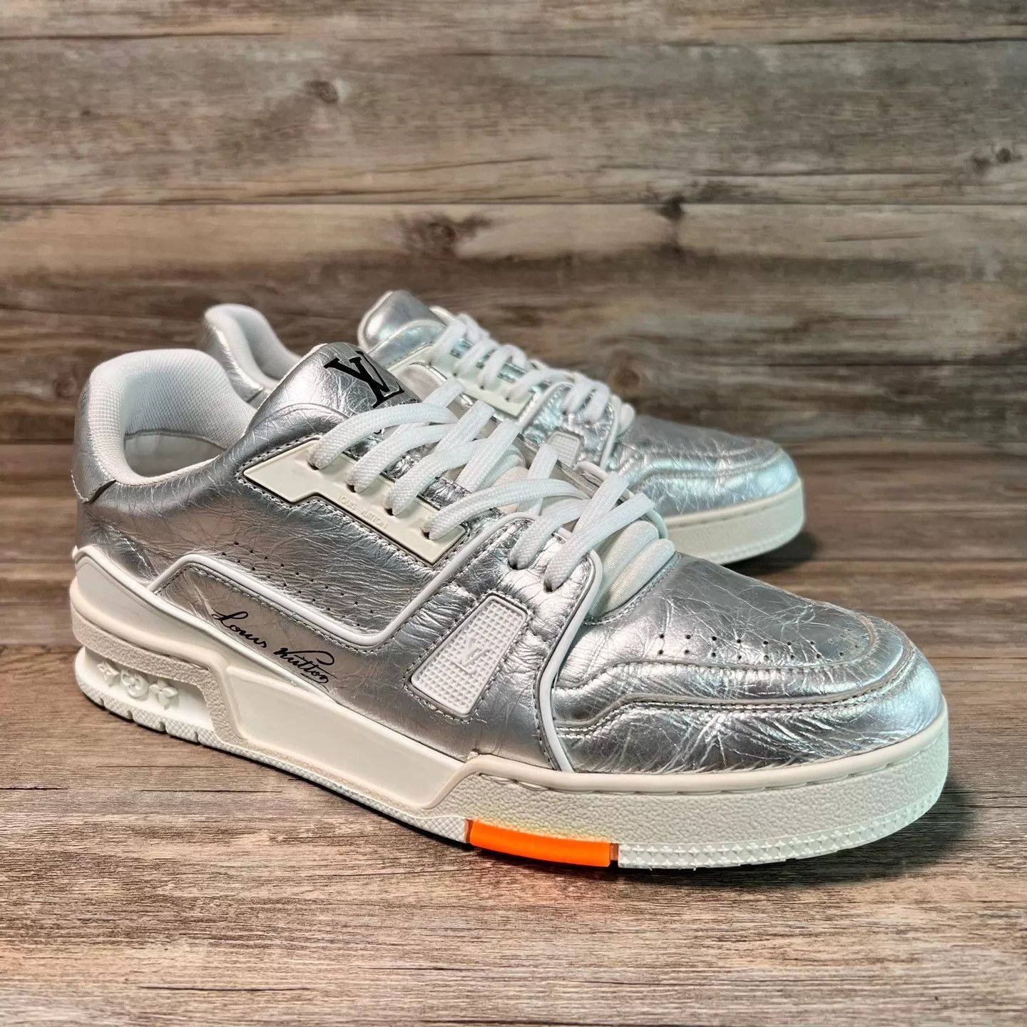 Louis Vuitton LV Trainer Liquid Silver/Orange TinFoil UK7(41) Worn Size US 8 / EU 41 - 2 Thumbnail