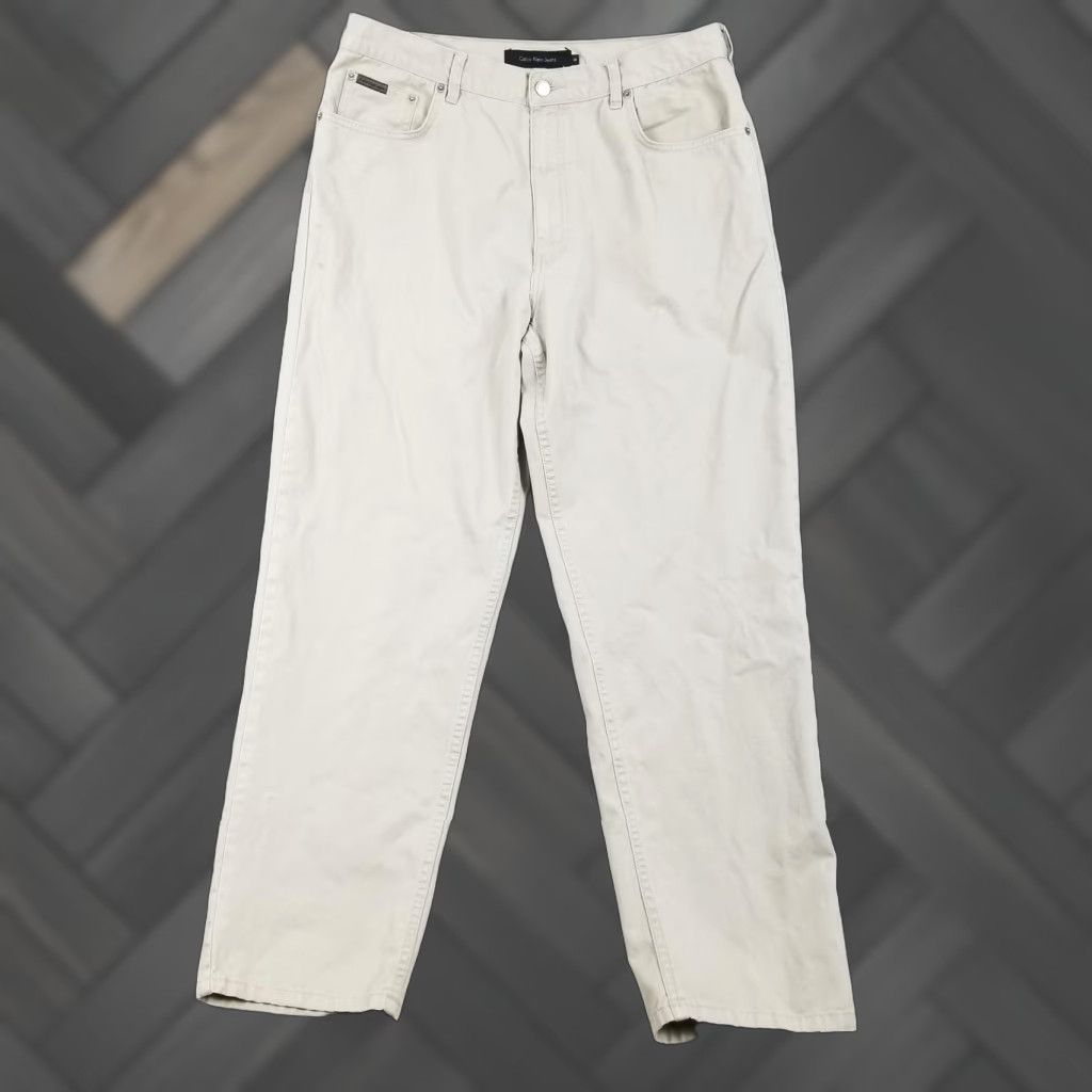 CALVIN KLEIN JEANS Men's 36 Beige Straight Leg Denim Pants 5 Pocket Cotton Regular Fit