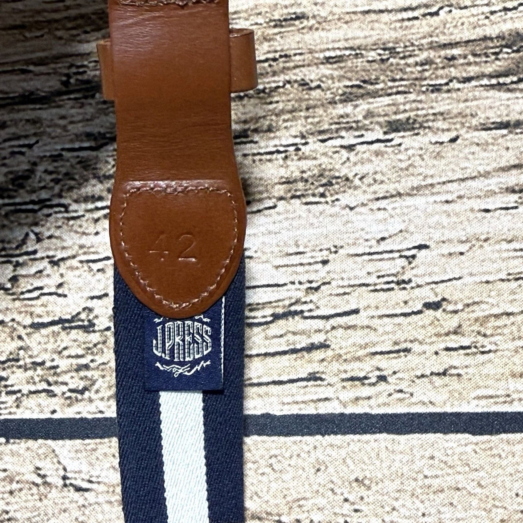 Vintage J Press Belt Mens 42 Brown Canvas Leather Blue White Striped Brass Buckle Adjustable Regular US University Preppy Size 42 - 4 Thumbnail