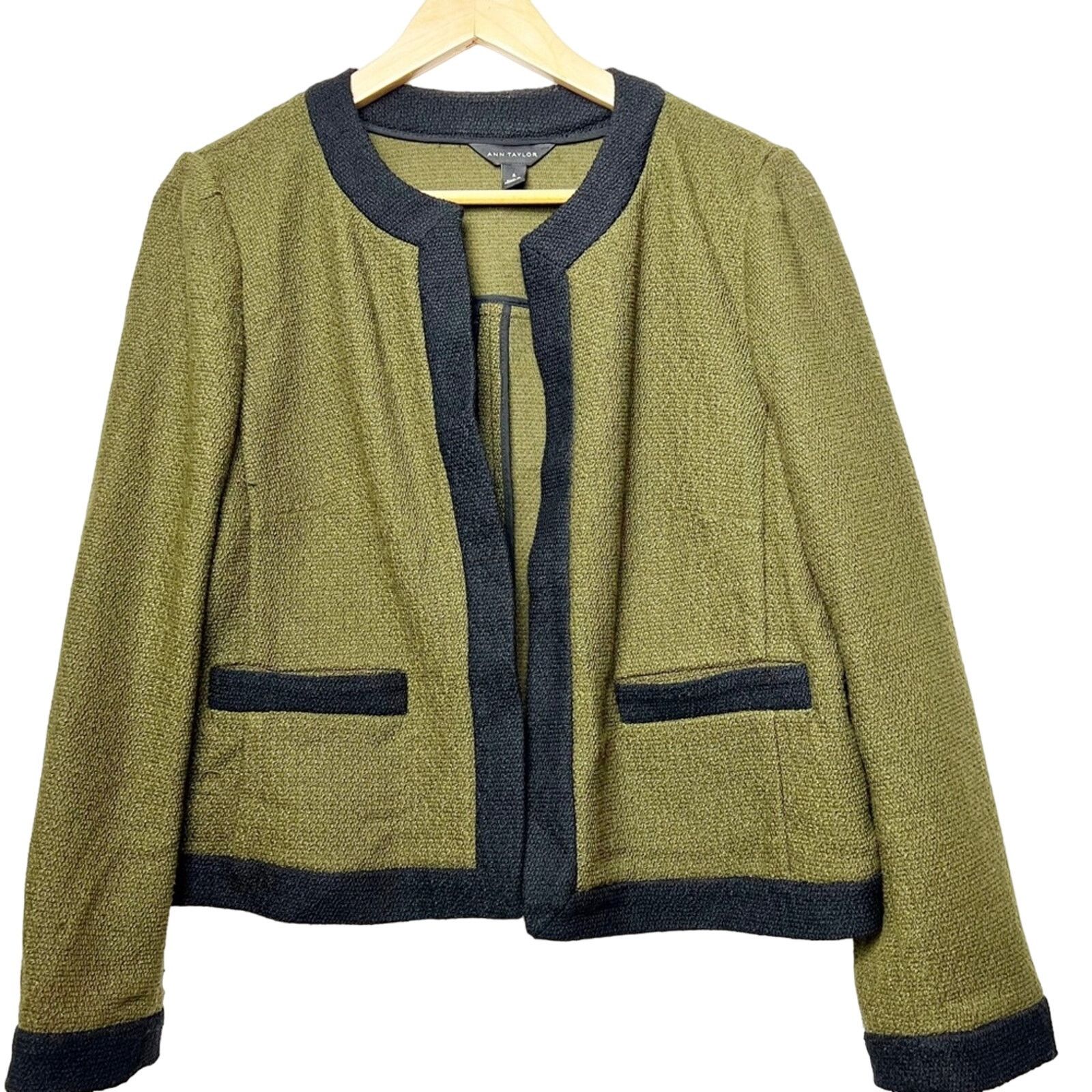 Ann Taylor AOlive Green Trim Open Front Nubby Cropped Jacket Womens Med Size M / US 6-8 / IT 42-44 - 1 Thumbnail