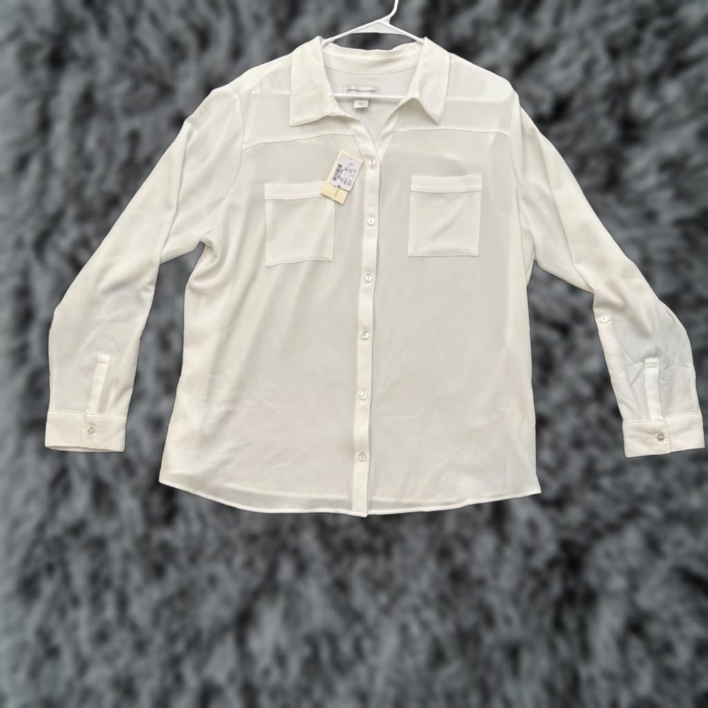 Vintage Christopher & Banks Button Down Shirt XL White Collared Long Sleeve Button-Up Women Office Chic Minimalist Crepe Semi-Sheer Casual Workwear 90s? Size XL / US 12-14 / IT 48-50 - 1 Thumbnail