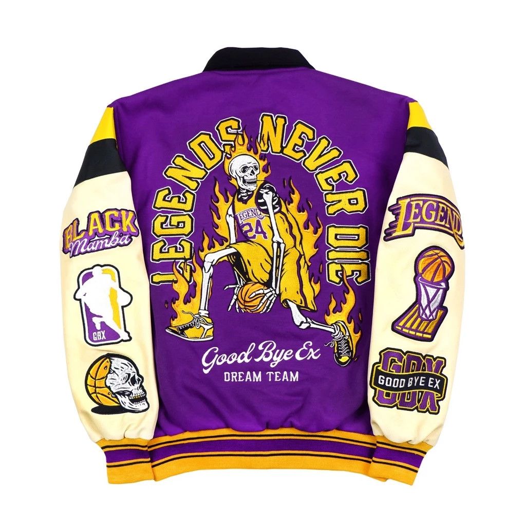 image of Varsity Jacket Basketball Skull Embroidery in Purple, Men's (Size Large)