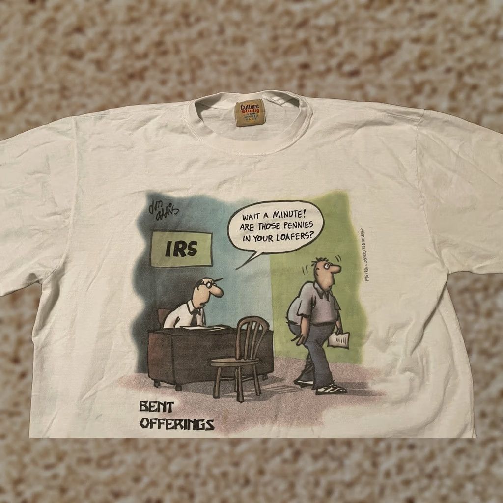 Vintage VINTAGE Don Addis Bent Offerings IRS Accountant Novelty T-Shirt Adult L White 100% Cotton Culture Studio Regular Mens Short Sleeve Crew Neck 1996 Size US L / EU 52-54 / 3 - 1 Thumbnail