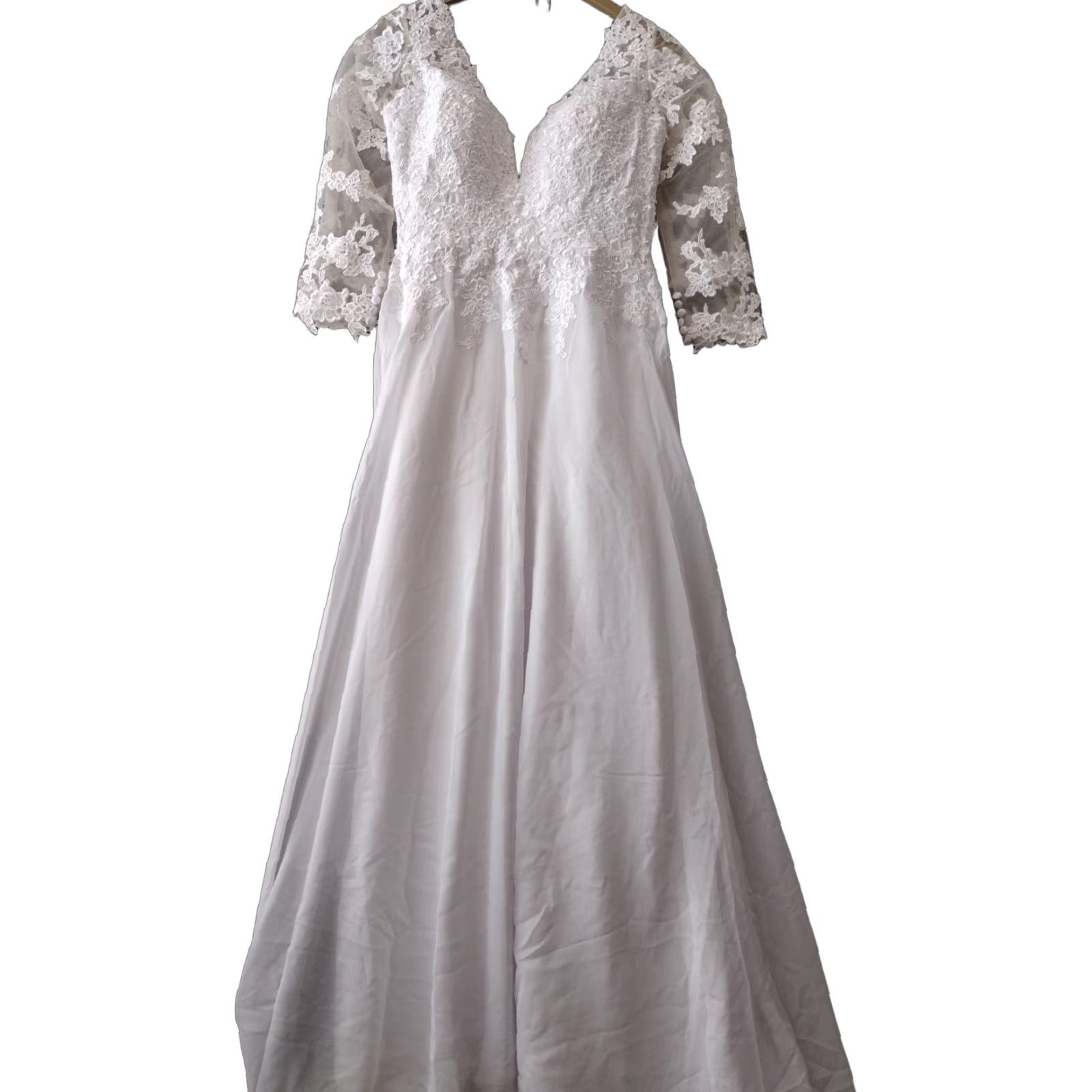 Vintage Chong Xiao V-Neck Wedding Dresses Chiffon White/ivory Lace Applique Bridal Gown Size ONE SIZE - 1 Thumbnail