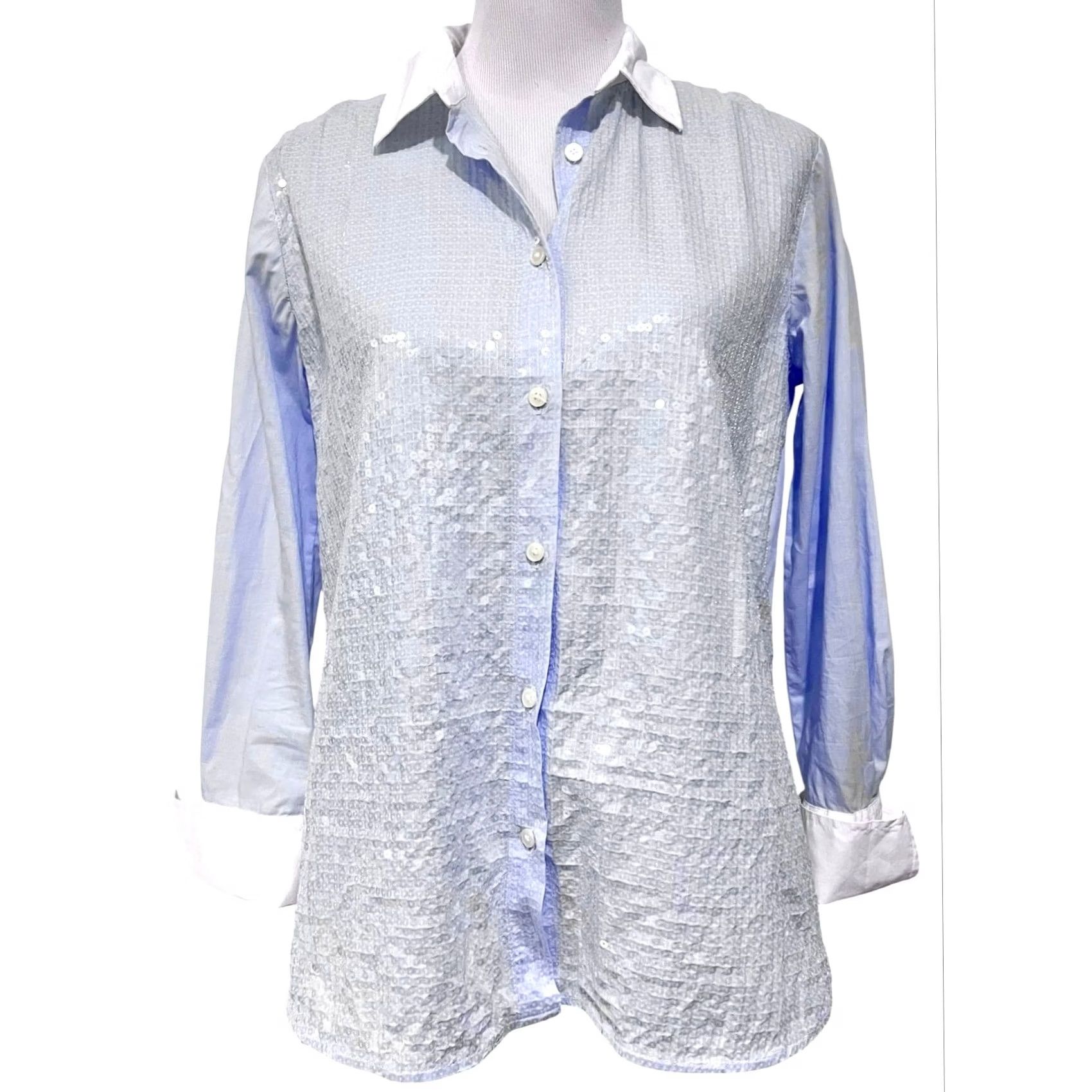 Ann Taylor LOFT Women’s Light Blue Button Down Shirt Clear Sequins Size S Long Sleeves Shirt Womens Party/Cocktail Formal Blue Size S / US 4 / IT 40 - 2 Thumbnail