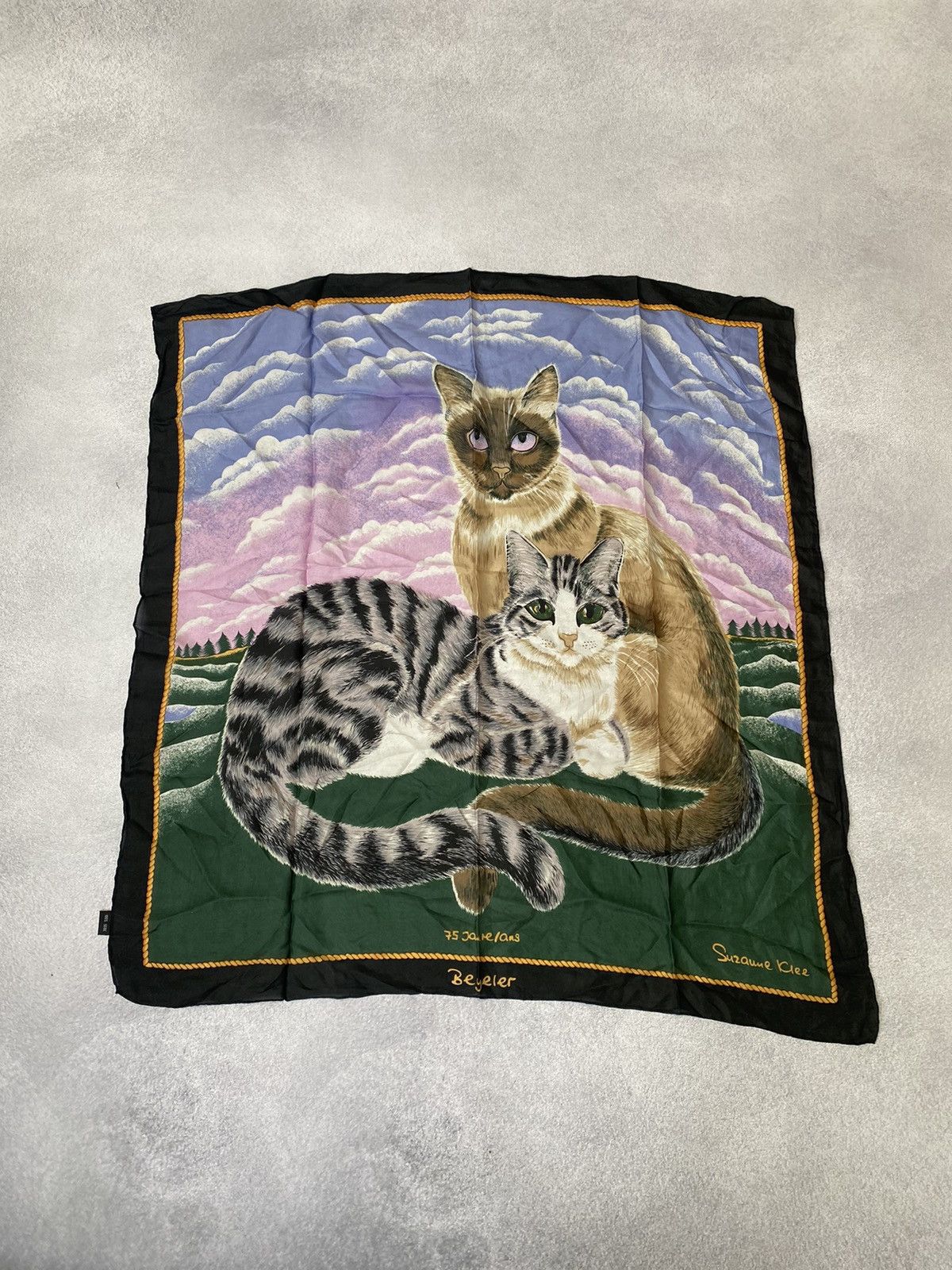 Designer × Vintage SCARF VINTAGE SUZANNE Klee Beyeler Siamese Cats Green Silk Size ONE SIZE - 4 Thumbnail