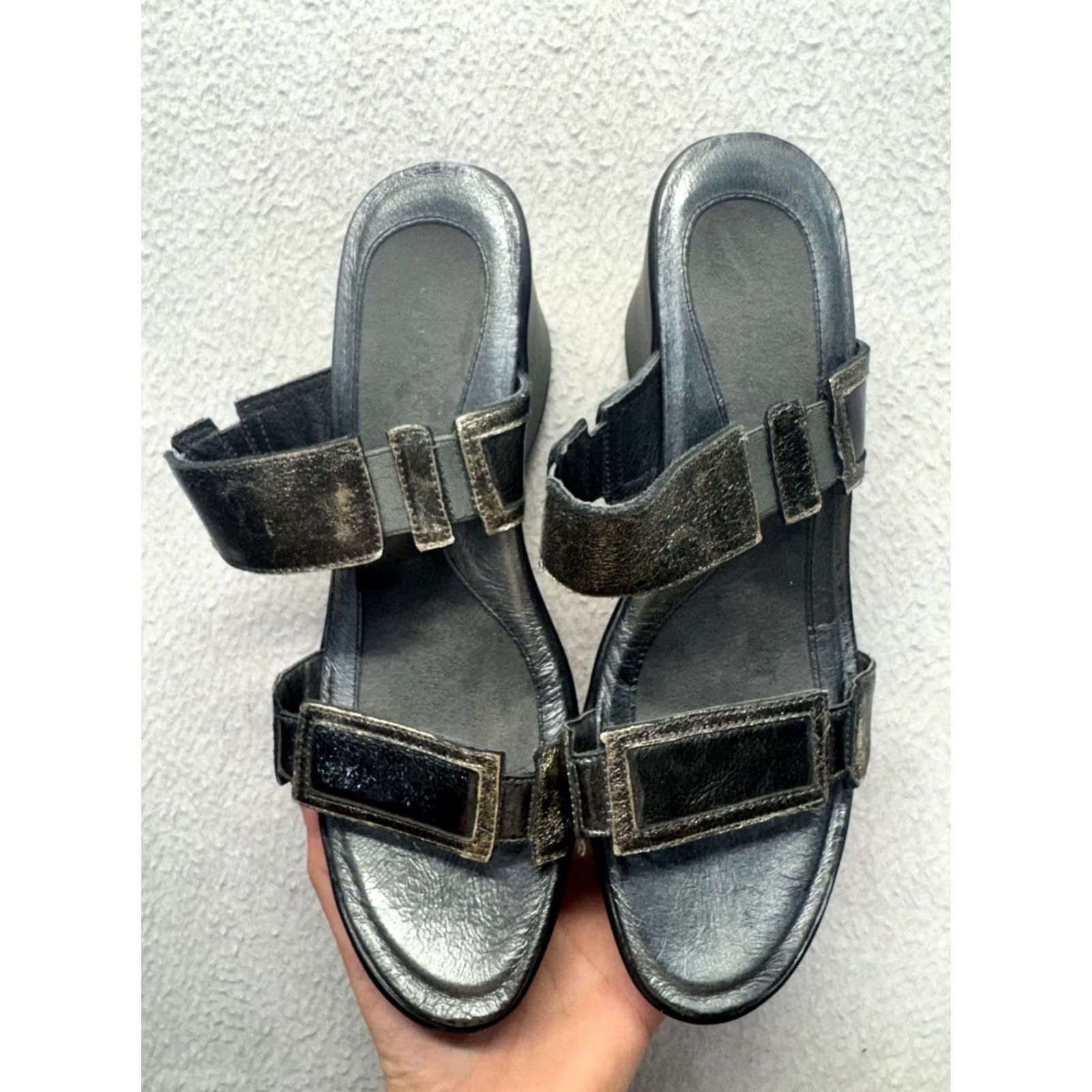 Vintage Naot Sandal Women's 39 Black Leather Strappy Wedge Adjustable Velcro Metal Theme 9816 Good Size US 6 / IT 36 - 3 Thumbnail