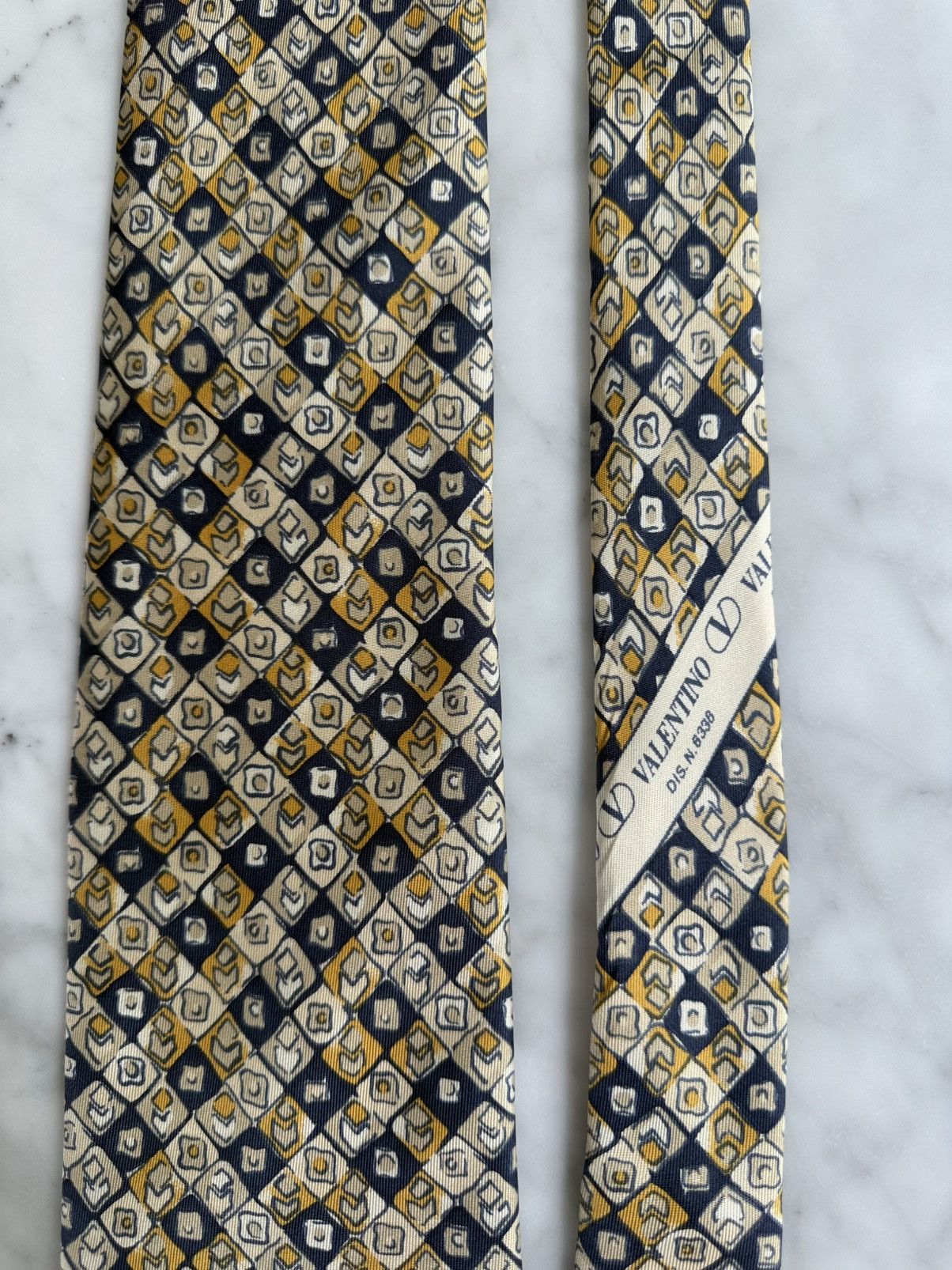 Valentino Valentino Navy Gold Geometric Tie DIS N 6388 100% Silk Italy Size ONE SIZE - 3 Thumbnail
