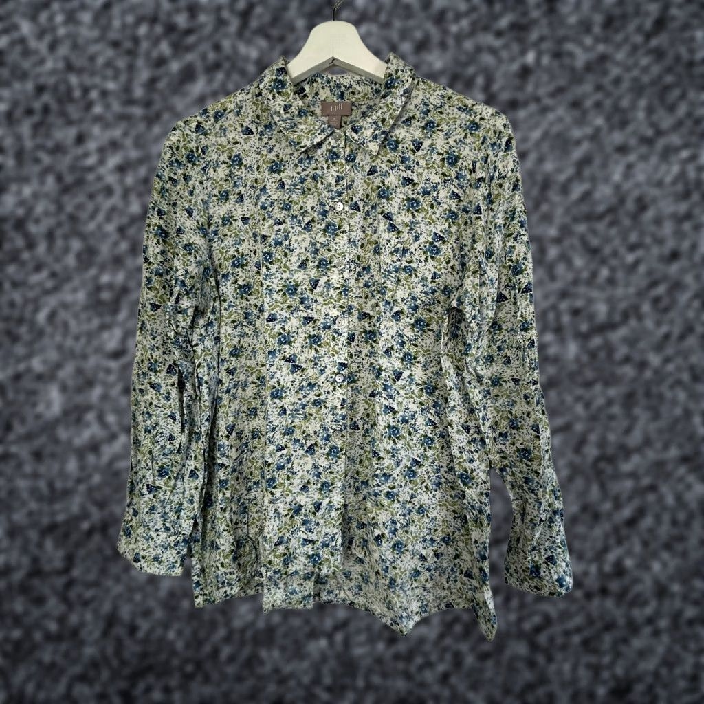 J. Jill J. Jill Womens Petite Floral Button-Up Shirt Blue & Green Long Sleeve Top Polo? Size M / US 6-8 / IT 42-44 - 1 Thumbnail