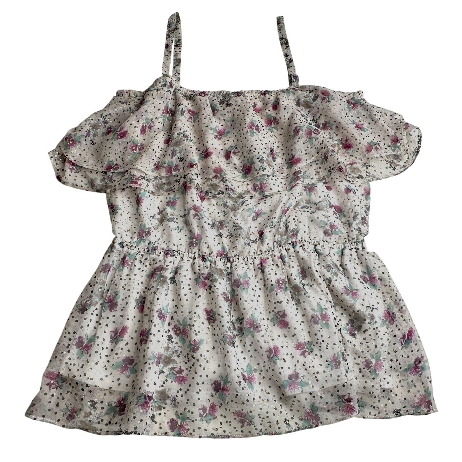 Other NWT Ella Moss White Purple Gold Dot Spaghetti Ruffle Top L Size L / US 10 / IT 46 - 1 Thumbnail