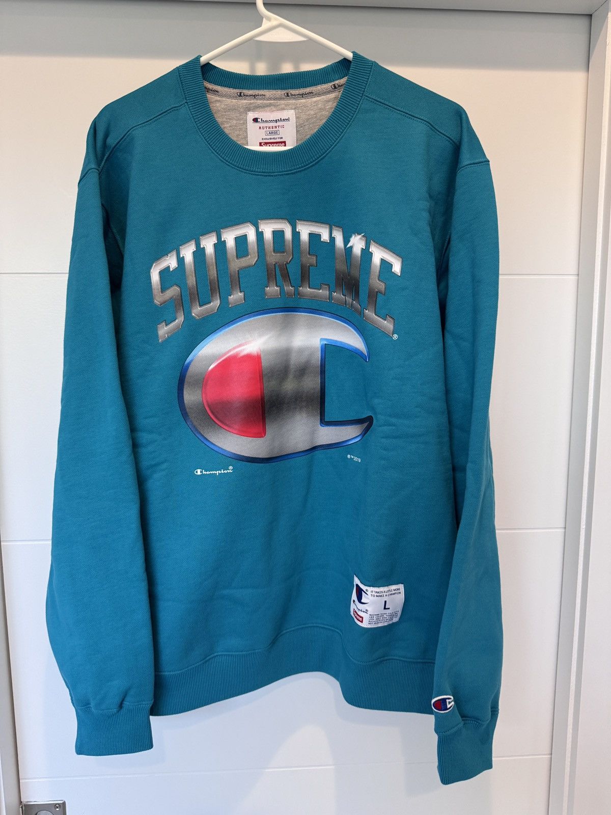Supreme Champion Chrome Blue Crewneck Sweater Size L NEW