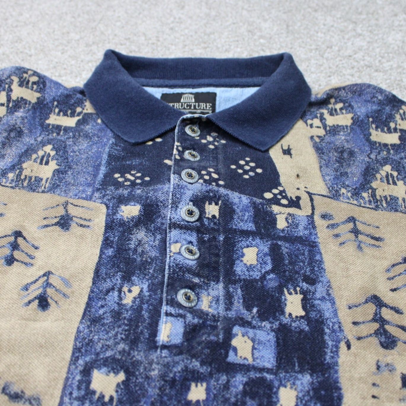 Vintage Structure Polo Shirt Mens Medium Blue/Tan Geometric 100% Cotton Long Sleeve Size US M / EU 48-50 / 2 - 5 Thumbnail