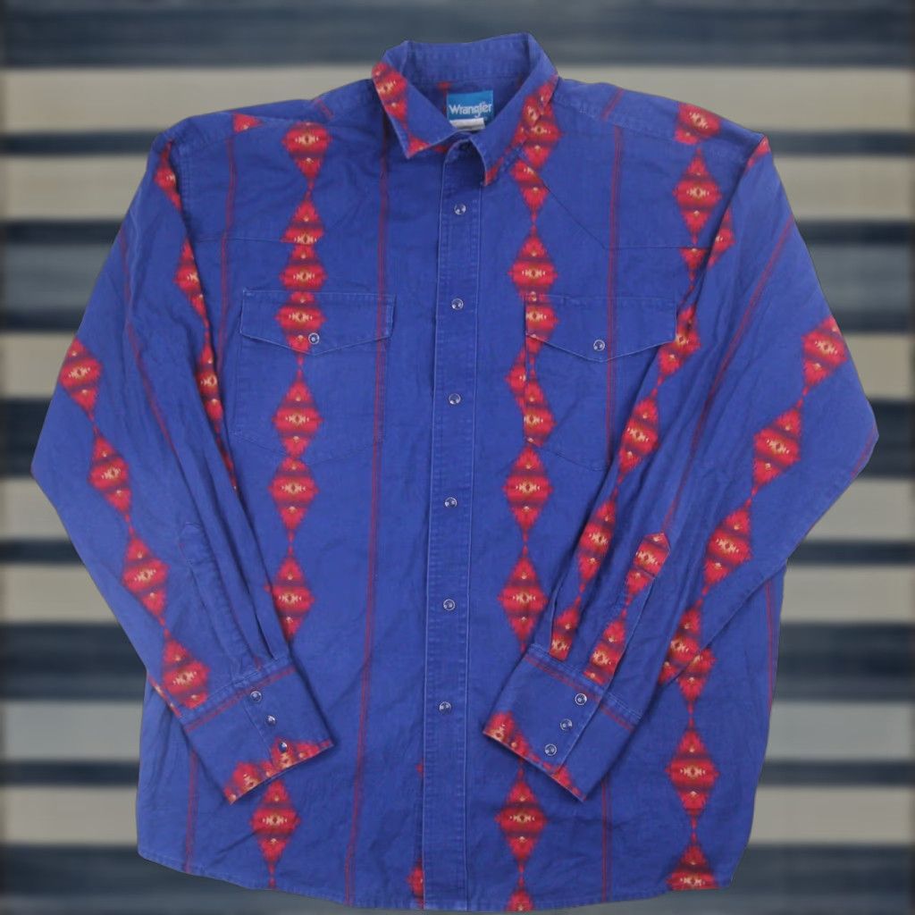 VINTAGE Wrangler Mens XL Navajo Aztec Vertical Striped Pearl Snap Western Shirt