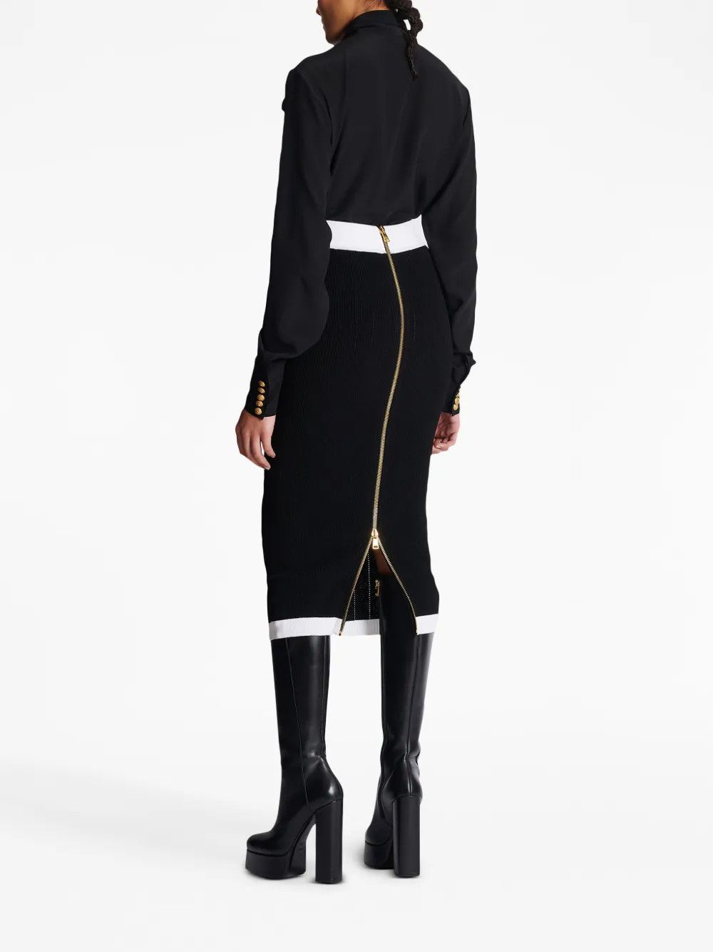 Balmain o1s1wg110825 Buttoned Knit Midi Skirt in Black/White Size 27" / US 4 / IT 40 - 7 Thumbnail