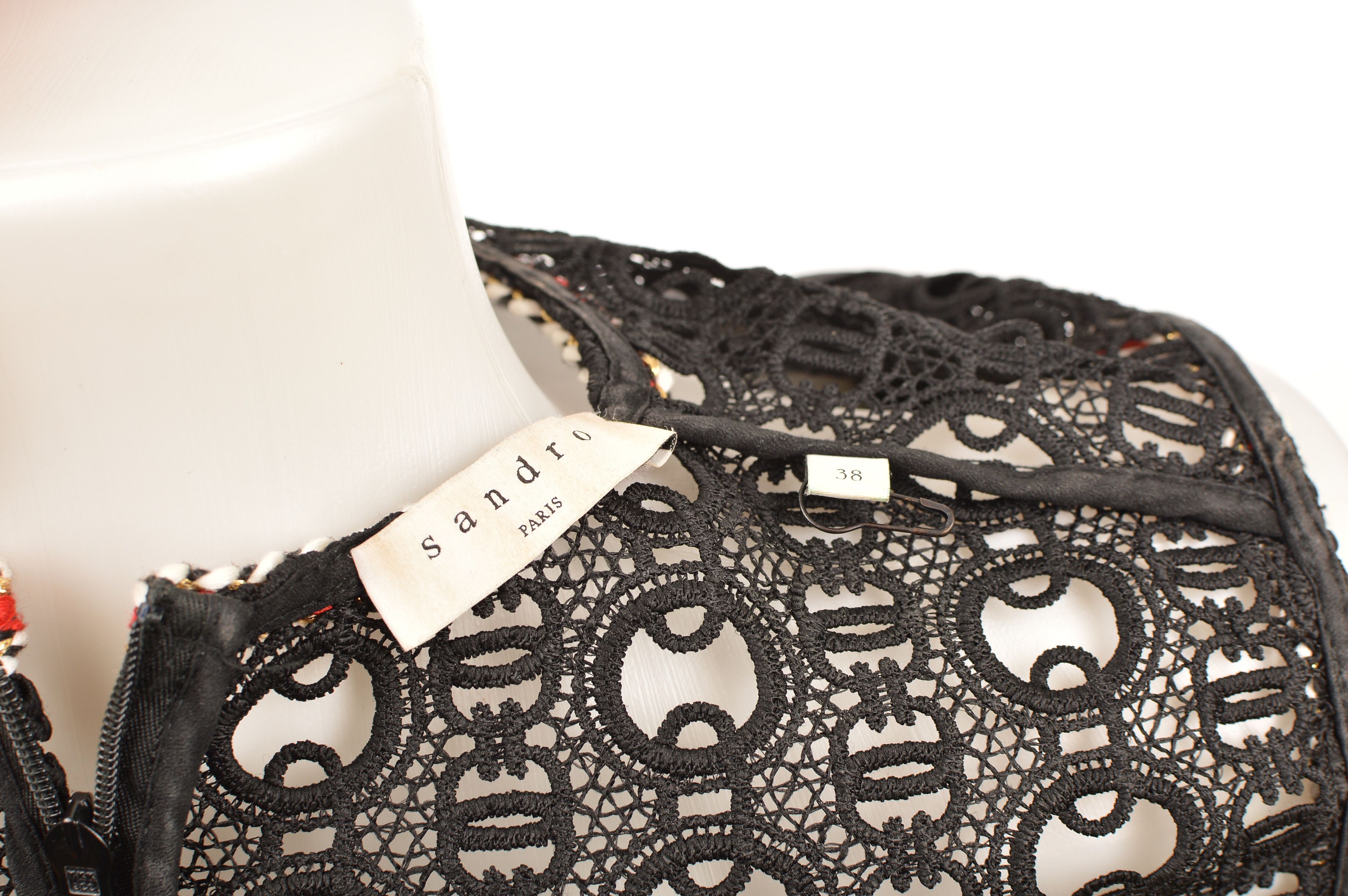 Sandro Sandro Crochet Black Dress with Red/White Braided Details Size XS / US 0-2 / IT 36-38 - 4 Thumbnail