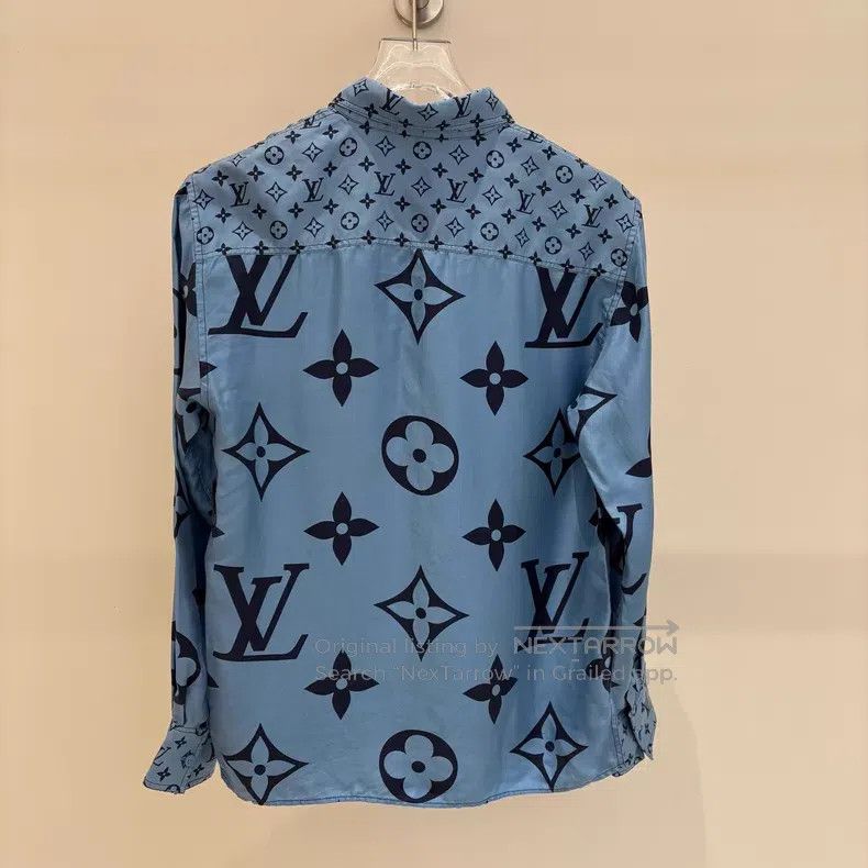 Louis Vuitton Louis Vuitton Blue silk long-sleeved shirt with full logo Size XS / US 0-2 / IT 36-38 - 5 Thumbnail