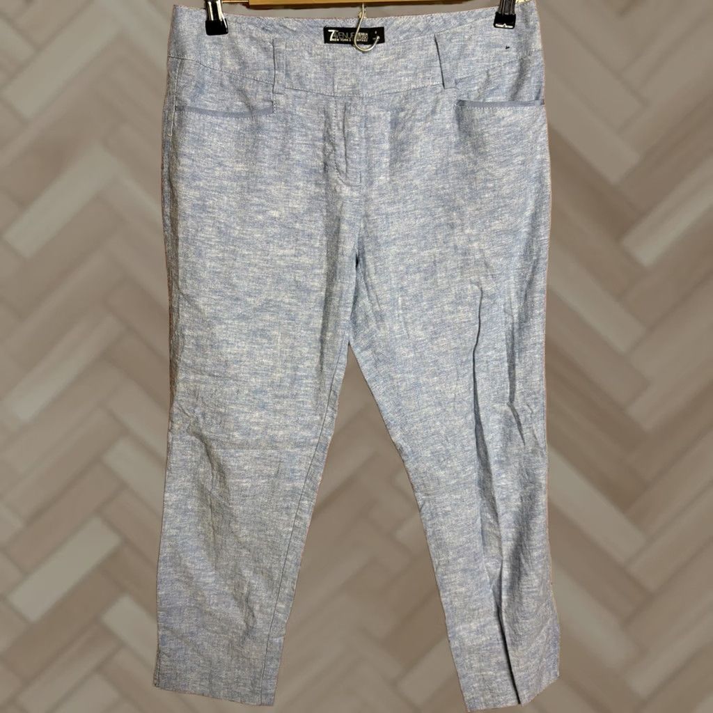 Avenue NYC 7th Avenue Linen Blend Crop Pants Womens 0 Straight Leg Belted Pockets Blue Size 25" / US 0 / IT 36 - 1 Thumbnail