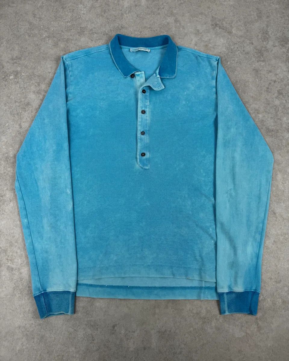 SS2011 Balmain Blue Bleached Longsleeve Polo By Christophe Decarnin