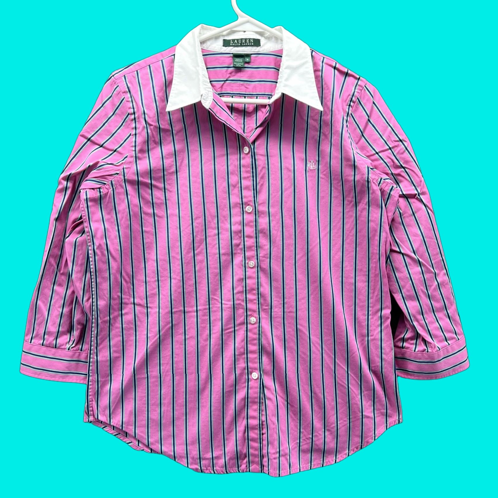 Ralph Lauren Lauren Ralph Lauren Shirt Womens Medium Pink Stripe Button Front 3/4 Sleeve Top Size M / US 6-8 / IT 42-44 - 1 Thumbnail