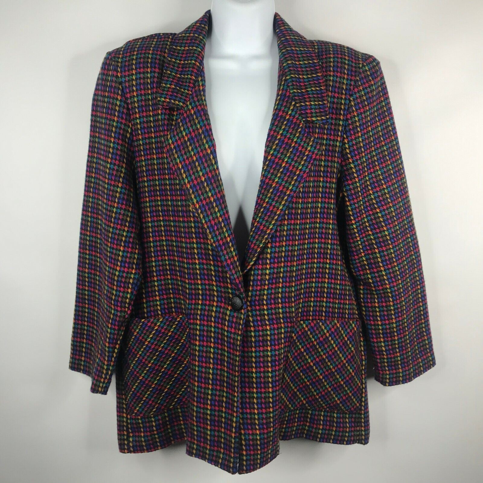 Vintage 80s Blair Rainbow Houndstooth Check Wool Blend Blazer Size XL / US 12-14 / IT 48-50 - 1 Preview