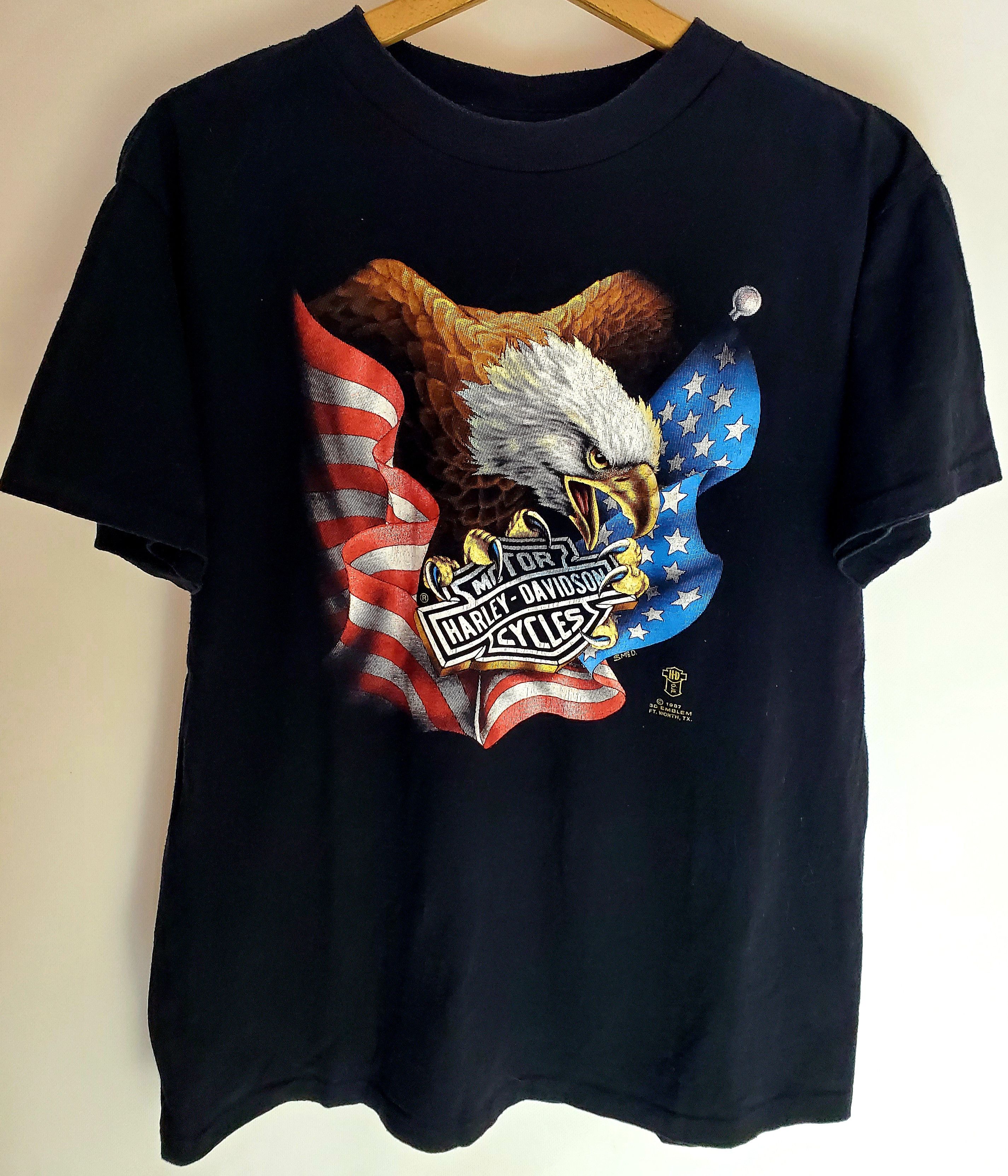Harley Davidson × Vintage 80s Harley Davidson 3D Emblem American Eagle Black T Shirt L Size US L / EU 52-54 / 3 - 1 Thumbnail