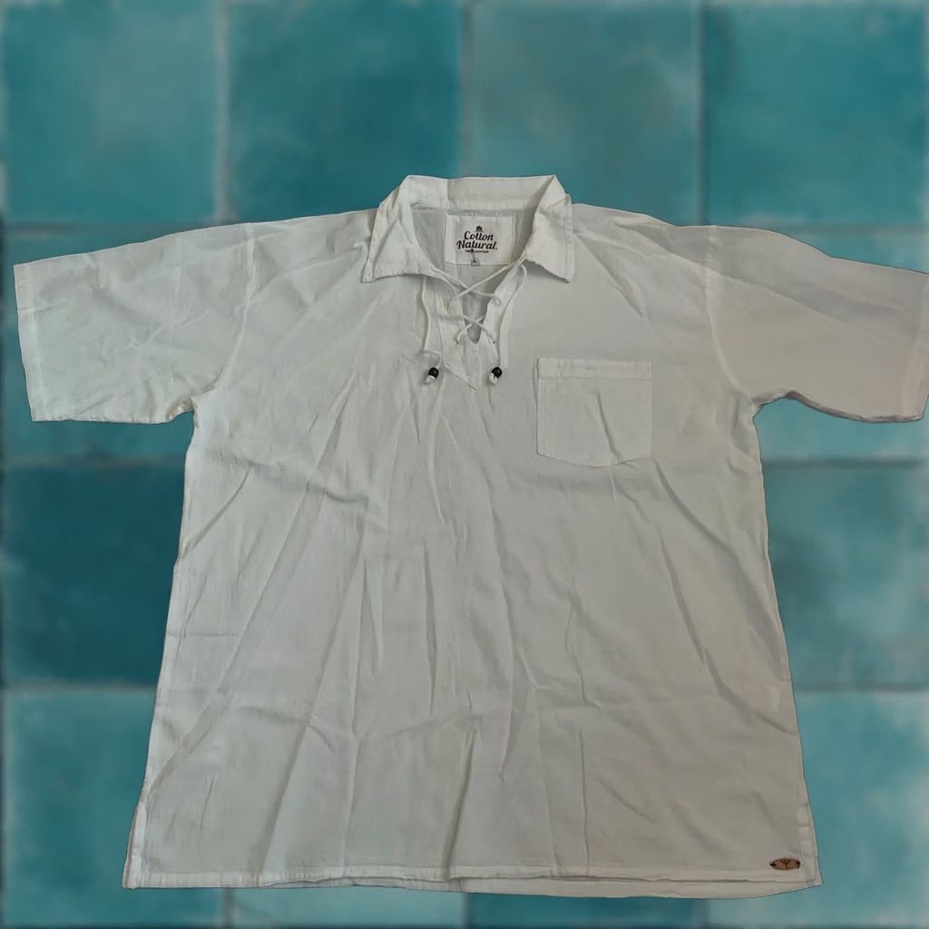 Vintage Cotton Natural Men's White Short Sleeve T-Shirt Front Pocket Drawstrings Beads 3XL Hawaiian Solid Shirt Mens Size US XXL / EU 58 / 5 - 1 Thumbnail