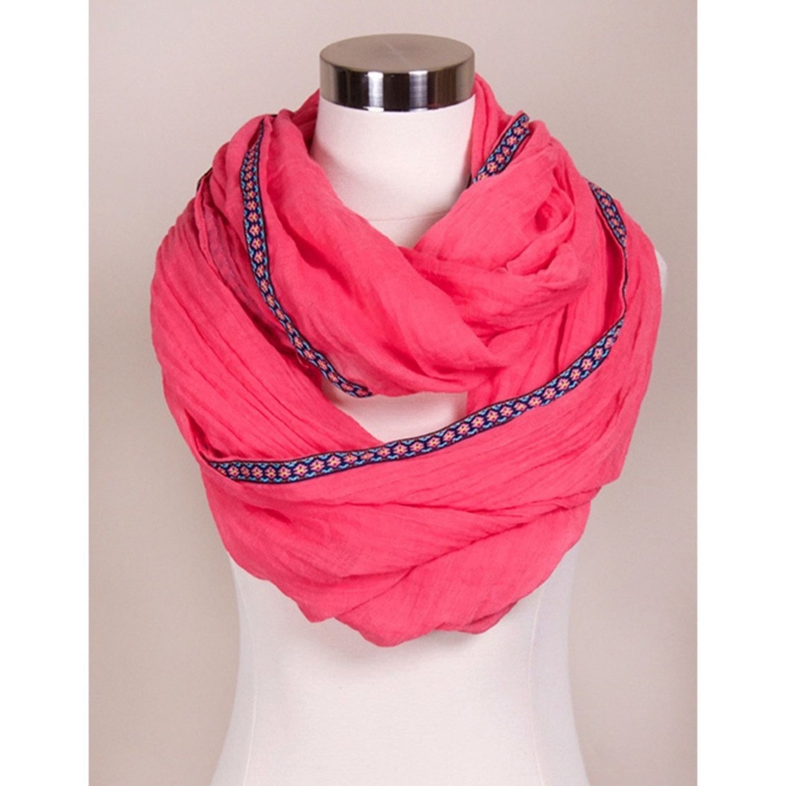 Other NEW NWT Solid Hot Pink Aztec Ribbon Trim Cowl Infinity Scarf Size ONE SIZE - 1 Thumbnail