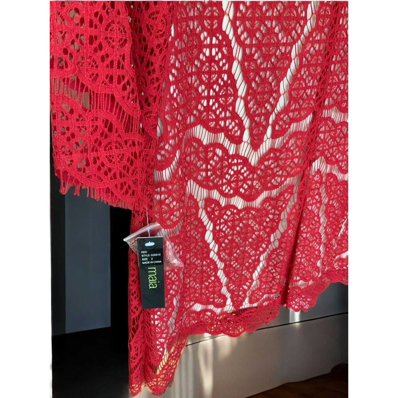 Designer Maia Designer Red Lace Scalloped Edge Shift Dress New 2 Size XS / US 0-2 / IT 36-38 - 4 Thumbnail