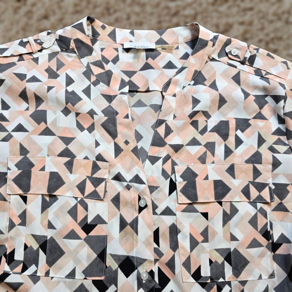 Calvin Klein Calvin Klein Blouse Womens 2X Gray Pink Geometric Button Sheer Career Casual Shirt Size XXL / US 16-18 / IT 52-54 - 1 Thumbnail