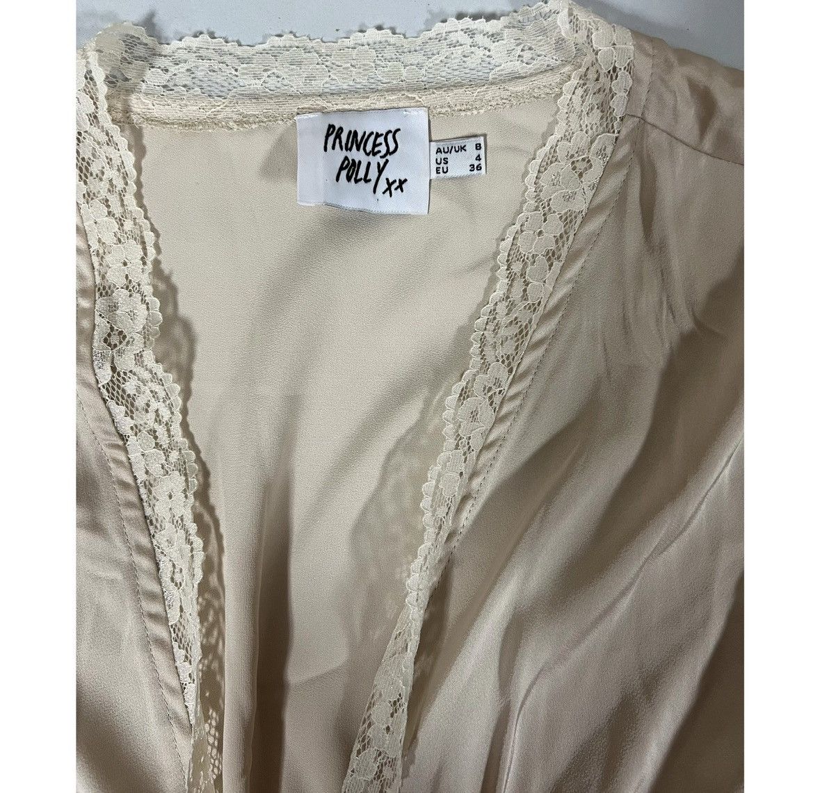 PRINCESS POLLY Silk Satin Lace Tie-Front Cardigan Shirt Top Blouse Size 4 ✨ Size S / US 4 / IT 40 - 4 Thumbnail