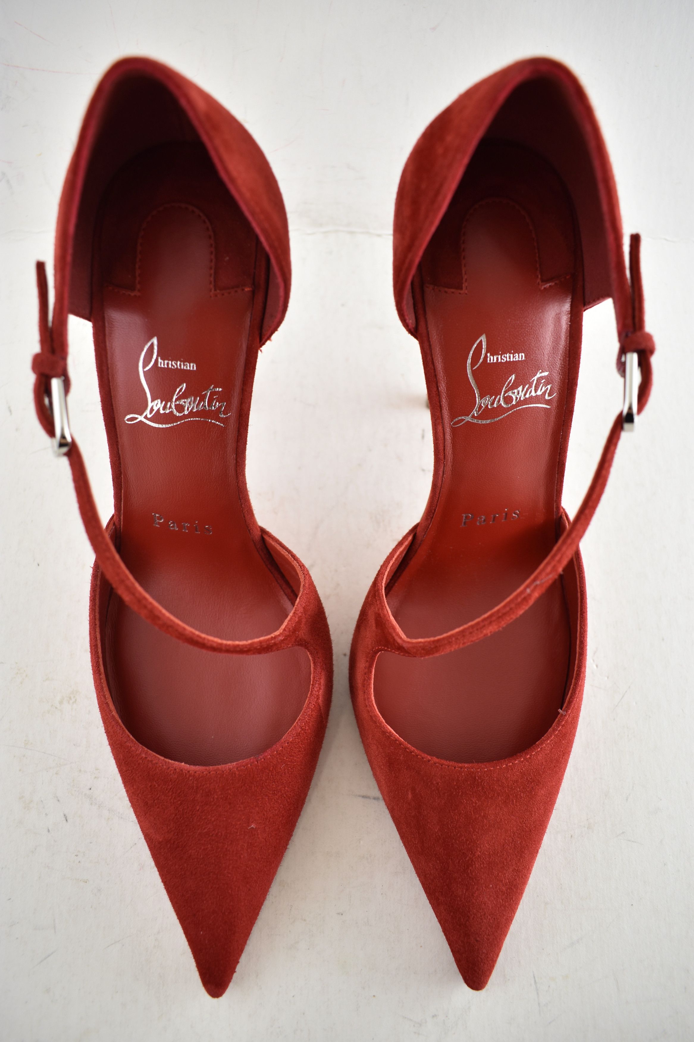 Christian Louboutin Miss Ziggyta 100 Fever Red Suede Cross Strap Heel Pump 36.5 Size US 6.5 / IT 36.5 - 10 Thumbnail