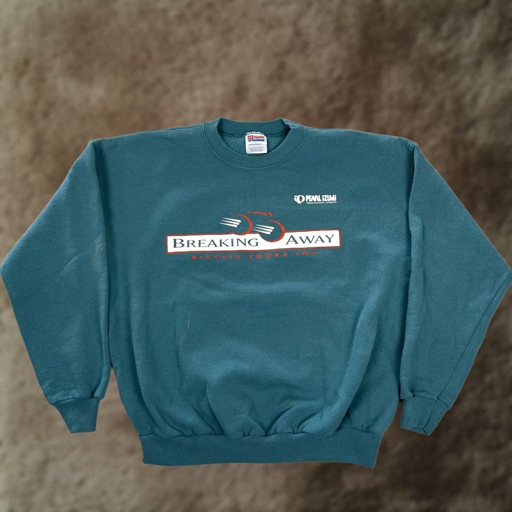 Hanes VINTAGE Pearl Izumi 1995 Sweatshirt Mens Large Green Breaking Away Cycling Hanes Crew Neck Pullover Graphic Print 90s Sports Size US L / EU 52-54 / 3 - 1 Thumbnail