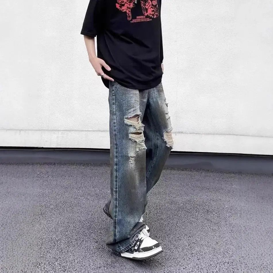 Japanese Brand Retro loose straight leg ripped jeans Size US 32 / EU 48 - 3 Thumbnail