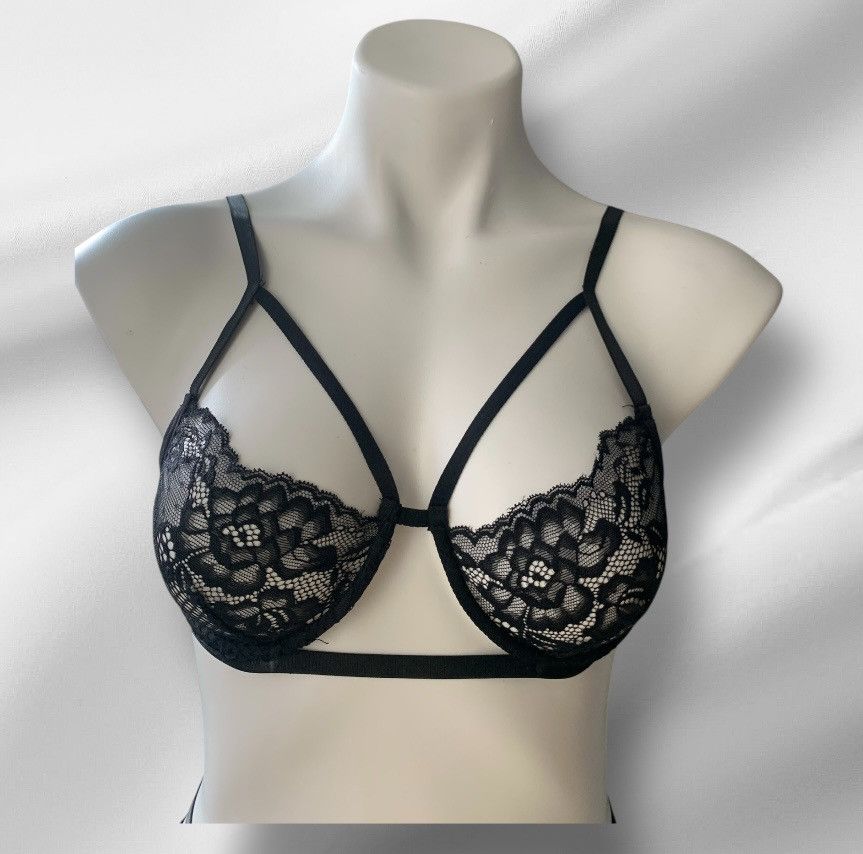 Designer NWT Black Bustier Bra Thong Lingerie Set Embroidered Lace Size ONE SIZE - 2 Thumbnail