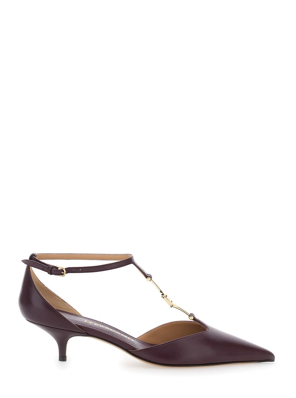 Salvatore Ferragamo Bordeaux Pumps with T Strap and Low Heel in Leather Woman Size US 10 / IT 40 - 1 Thumbnail